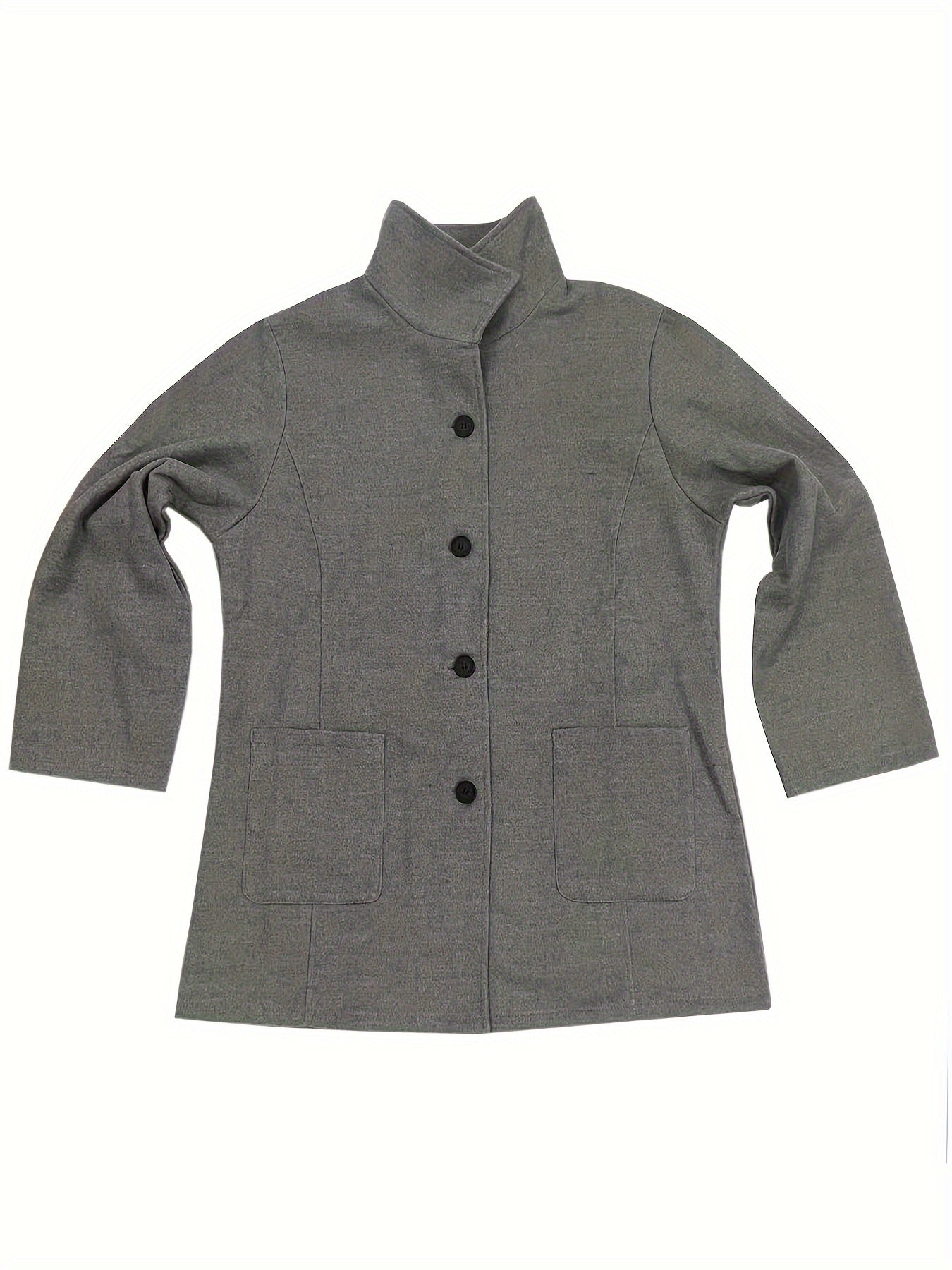 vlovelaw Plus Size Casual Coat, Women's Plus Solid Long Sleeve Button Up Stand Collar Tunic Coat With Pockets