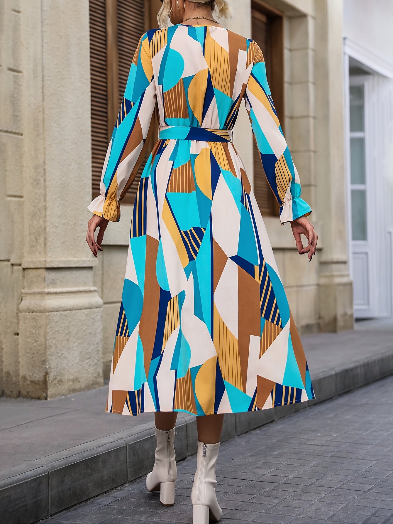 vlovelaw Geo Print Ruffle Trim Dress, Elegant Crew Neck Long Sleeve Dress, Women's Clothing