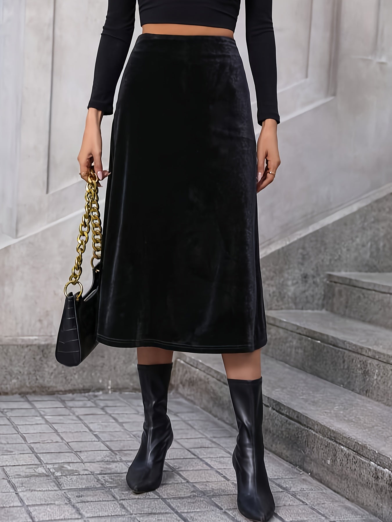 vlovelaw  Solid High Waist Velvet Skirt, Elegant A Line Midi Skirt, Women's Clothing