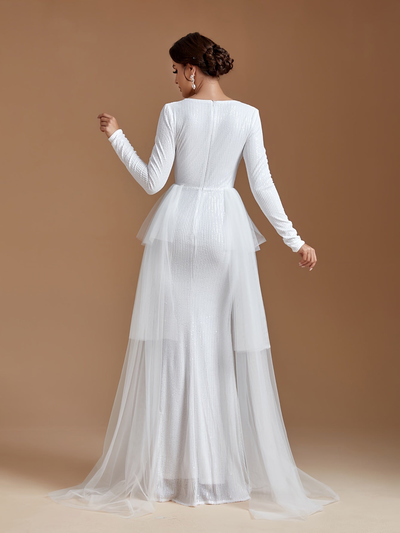 vlovelaw Mesh Panel Sequin Tiered Dress, Long Sleeve V Neck Mermaid Wedding Dress, Women's Clothing