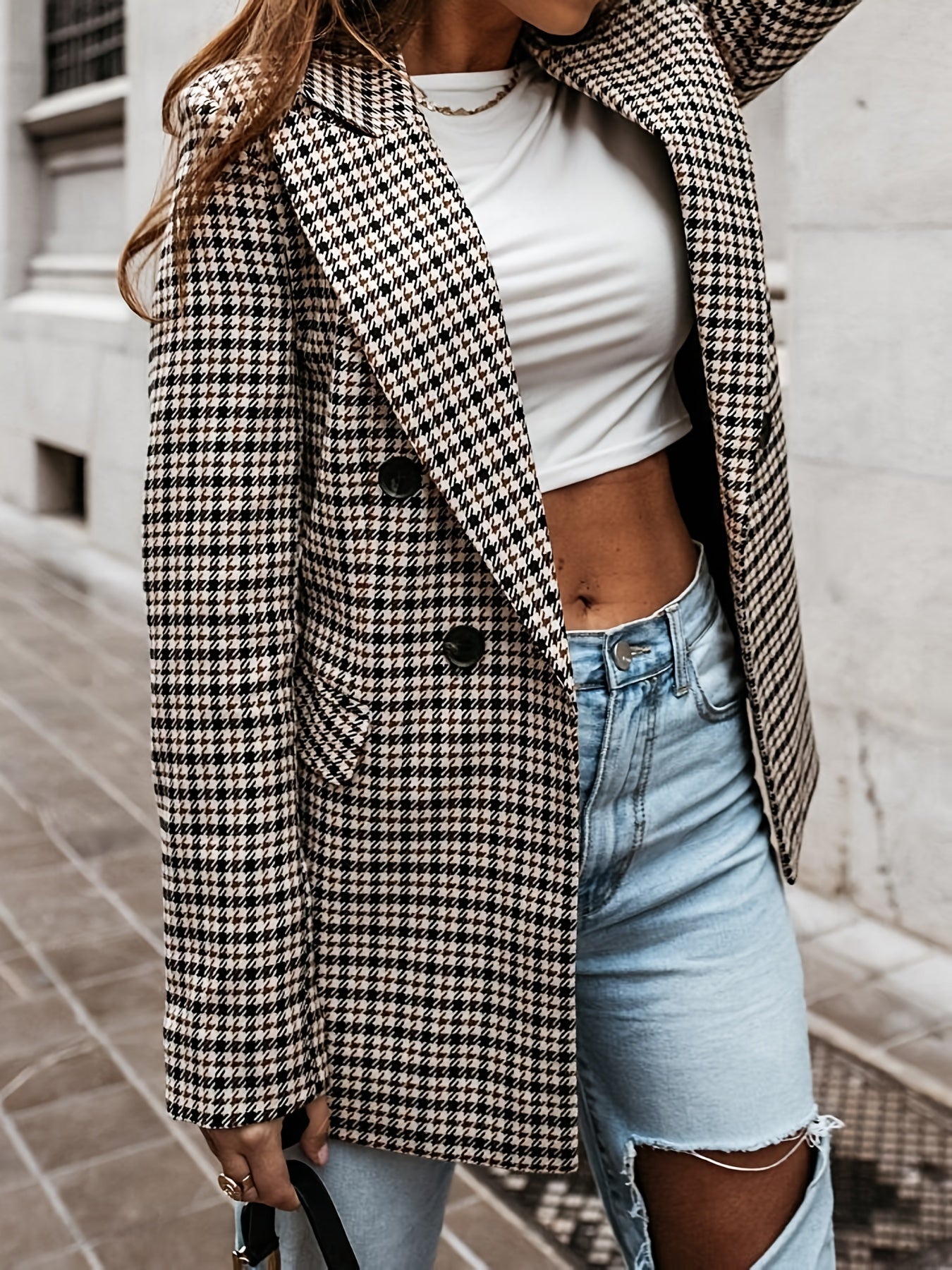 Houndstooth Print Double-breasted Blazer, Casual Lapel Long Sleeve Blazer, Women's Clothing