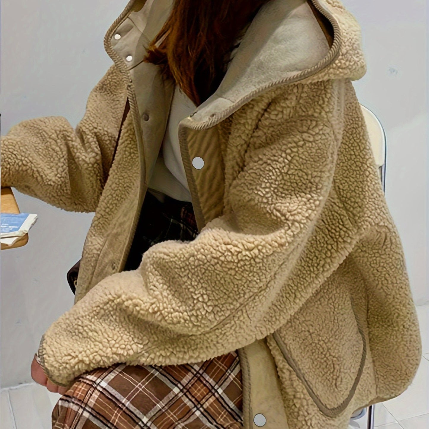 vlovelaw Solid Hooded Teddy Coat, Casual Button Front Long Sleeve Winter Outerwear, Women's Clothing