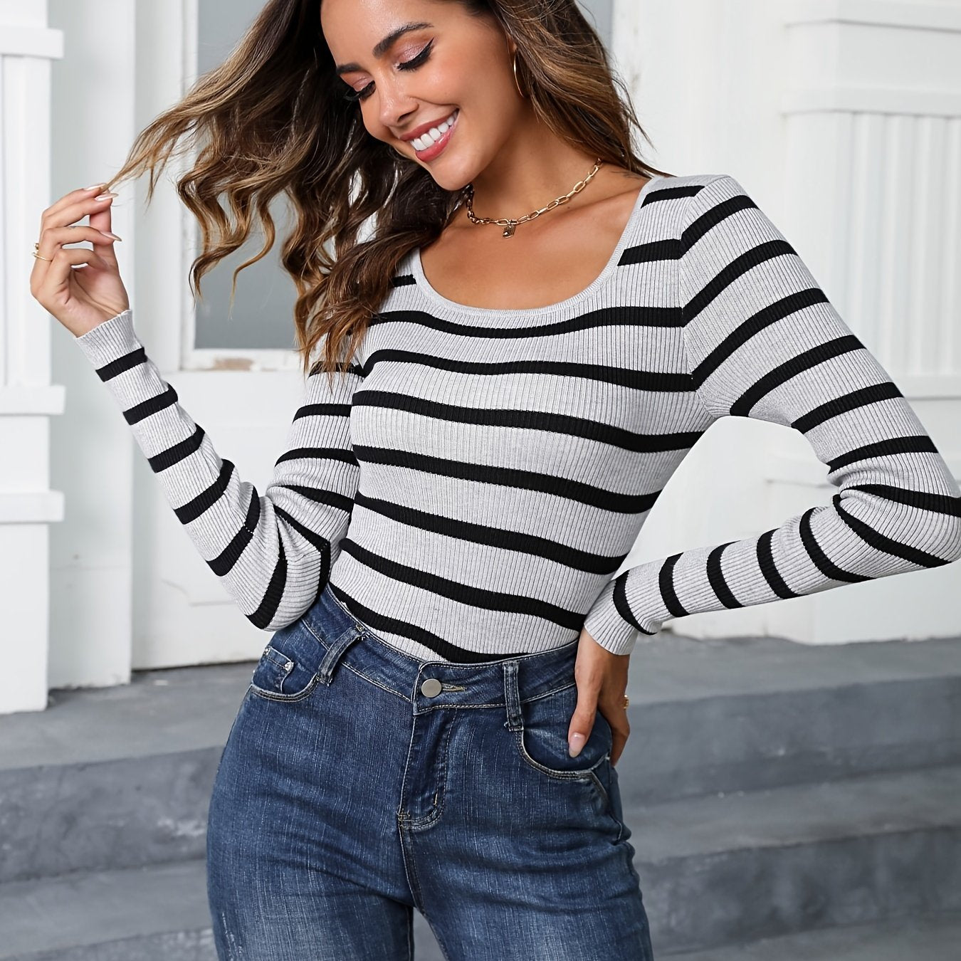 vlovelaw Striped Print Knit Sweater, Sexy Slim Crew Neck Long Sleeve Sweater, Women's Clothing