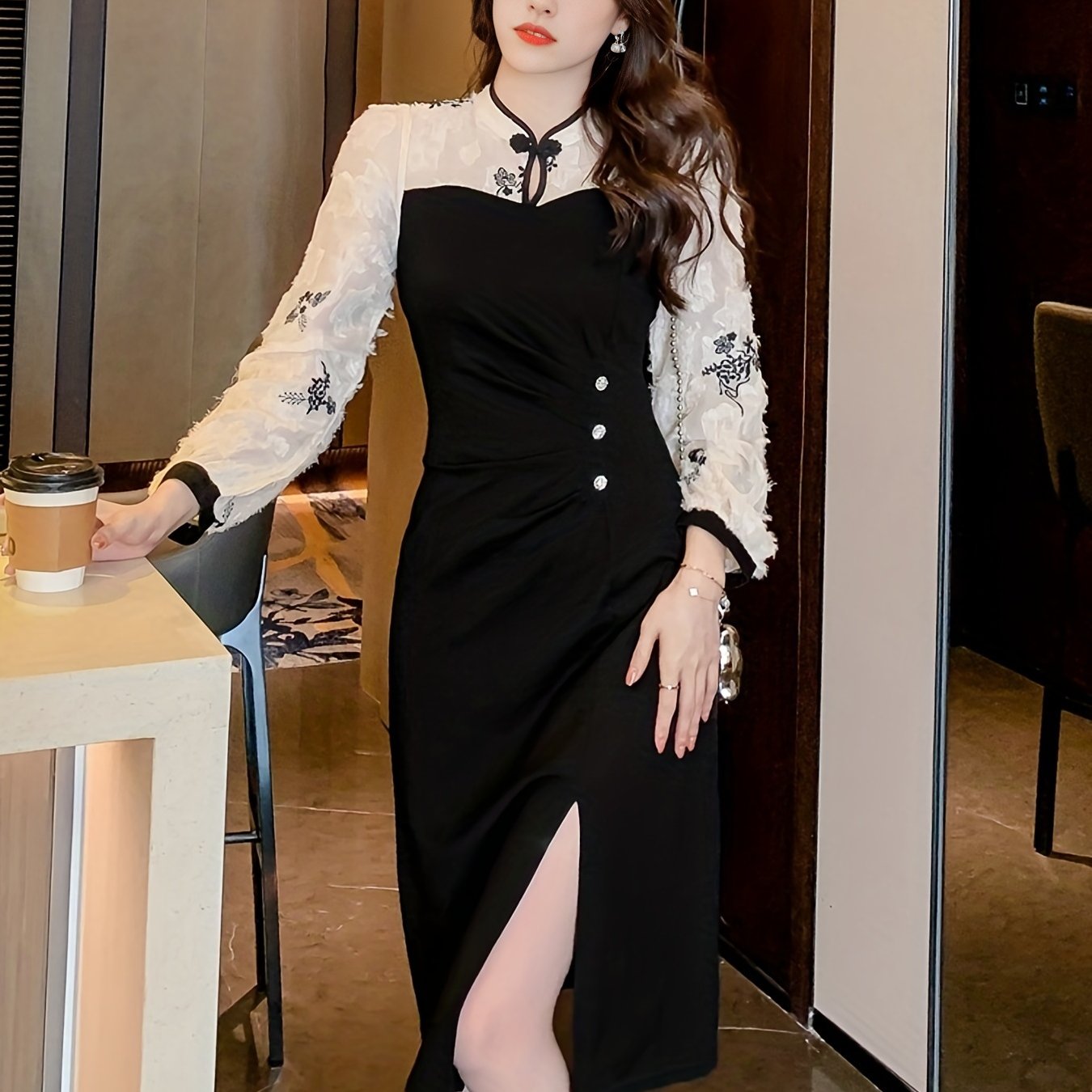 Split Hem Dress, Elegant Long Sleeve Slim Ruched Midi Dress, Women's Clothing
