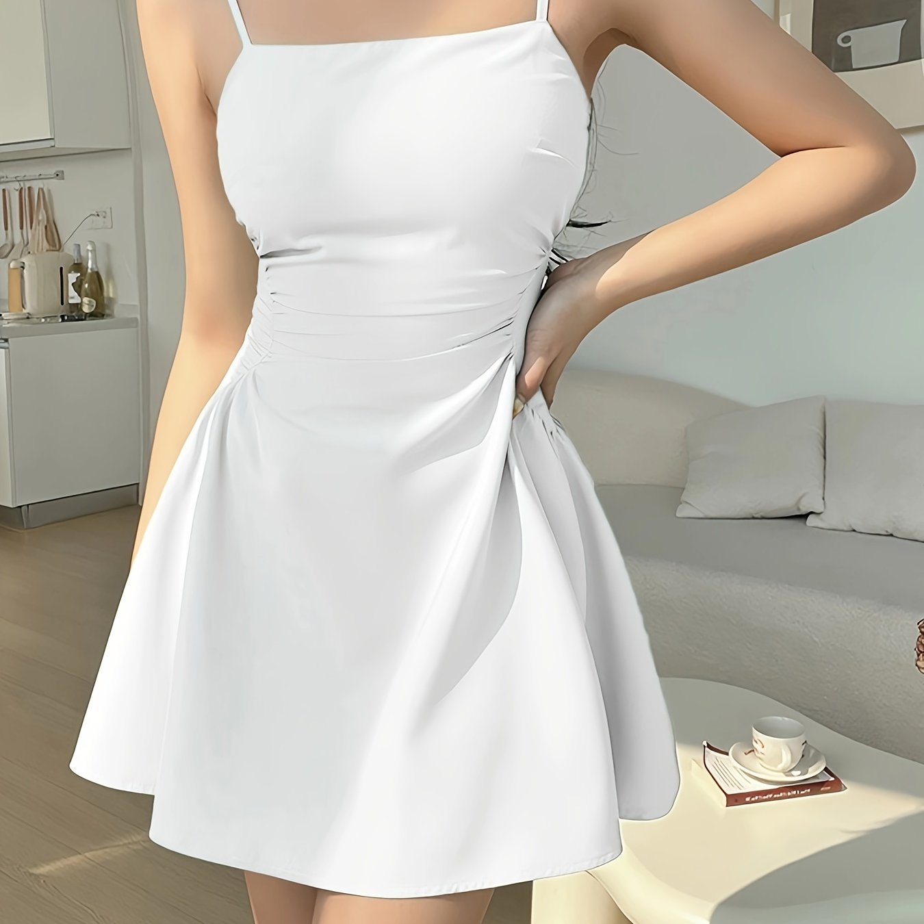 vlovelaw Solid Spaghetti Strap Dress, Chic Backless A-line Cami Dress, Women's Clothing