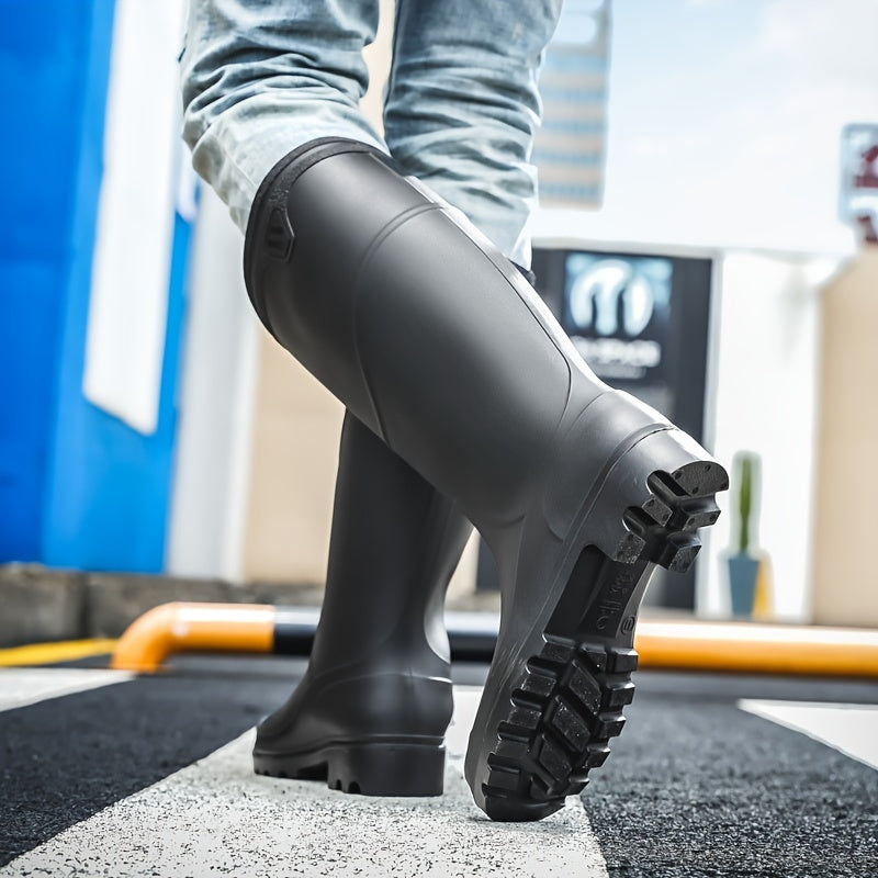 Men's Solid Color Professional Knee High Waterproof Rain Boots, Comfy Non Slip Durable Water Shoes For Men's Rainy Day Outdoor