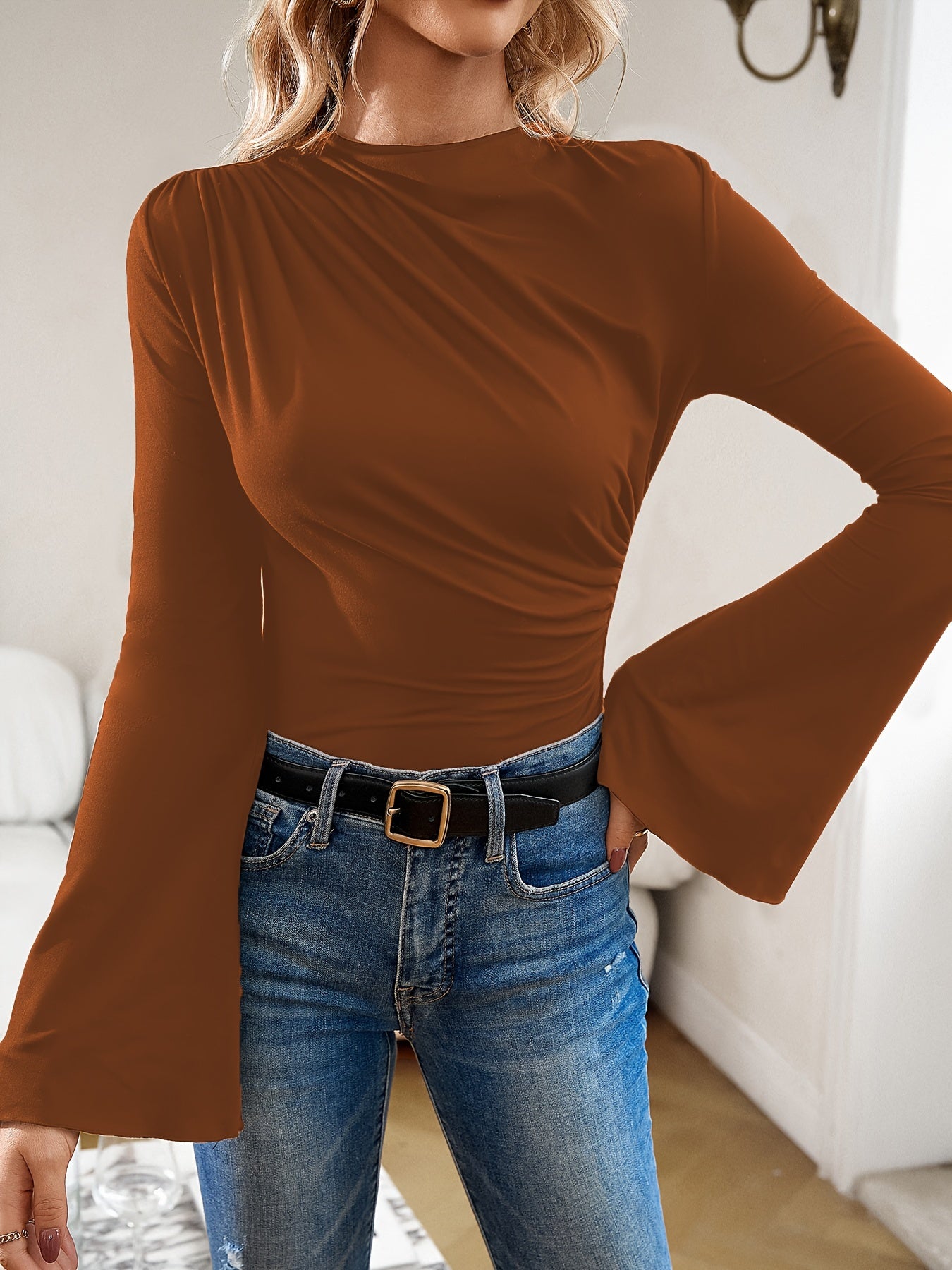 Ruched Boat Neck T-Shirt, Elegant Long Flare Sleeve Top For Spring & Fall, Women's Clothing