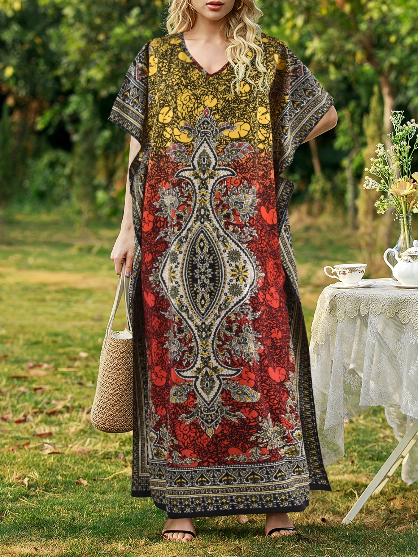 Graphic Print V-neck Dress, Casual Short Sleeve Split Dress For Spring & Summer, Women's Clothing