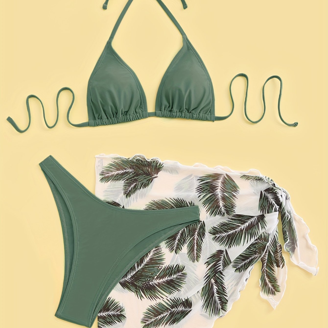 Three-Piece Bikini Set - Flattering Halter Neck Design, Ultra Quick-Drying Technology, Comfortable Four-Way Stretch Fabric - Designed for Women, Vibrant Feather Print Pattern, Matching Cover Up Skirt, Perfect for Beachwear and Poolside Fashion