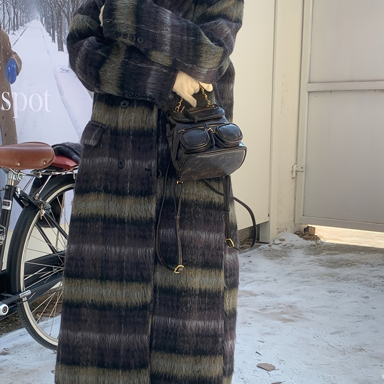 vlovelaw Plaid Print Double-breasted Coat, Casual Thermal Long Sleeve Lapel Overcoat For Winter, Women's Clothing