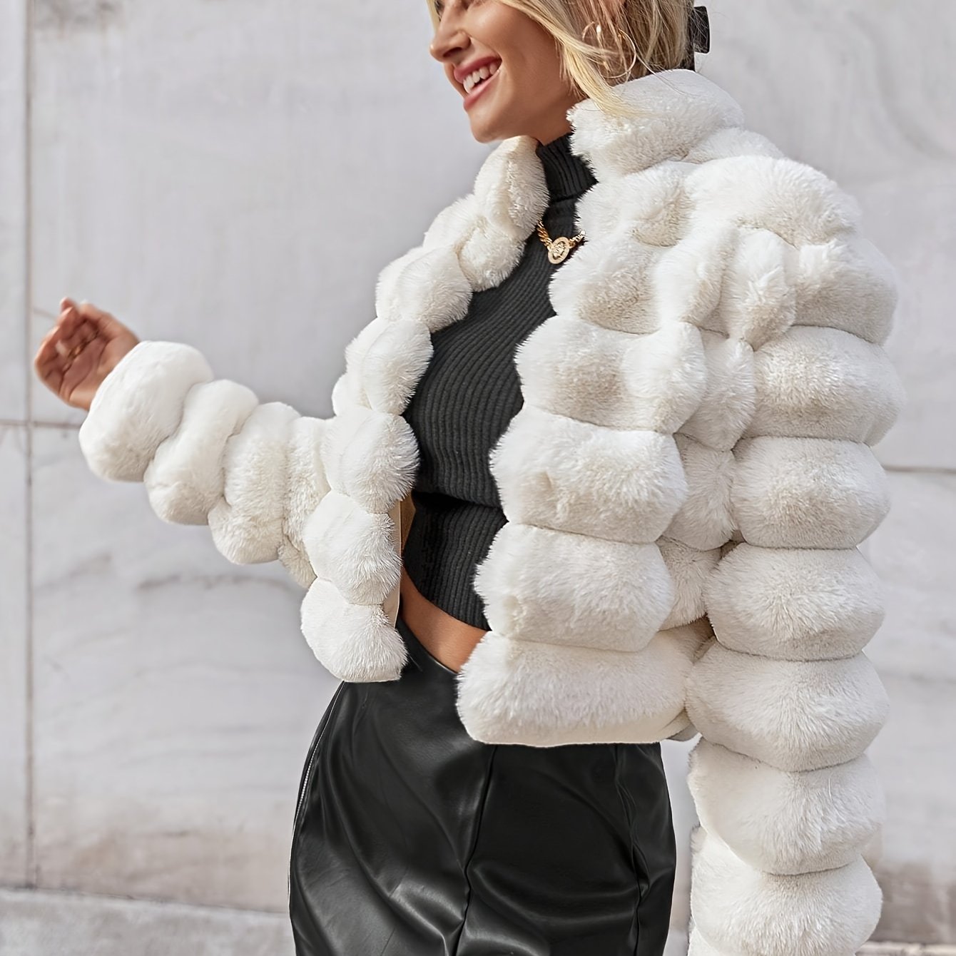 vlovelaw Solid Winter Warm Wavy Coat, Casual Open Front Stand Collar Long Sleeve Outerwear, Women's Clothing