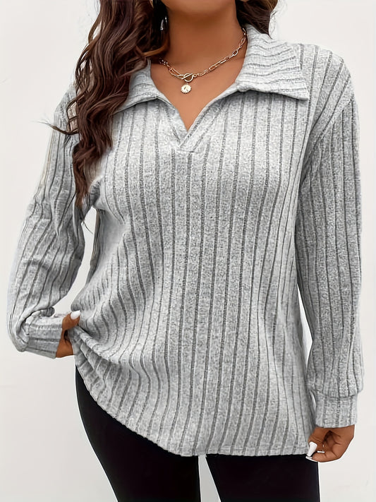 Plus Size Casual T-shirt, Women's Plus Solid Ribbed Long Sleeve Lapel Collar Slight Stretch T-shirt