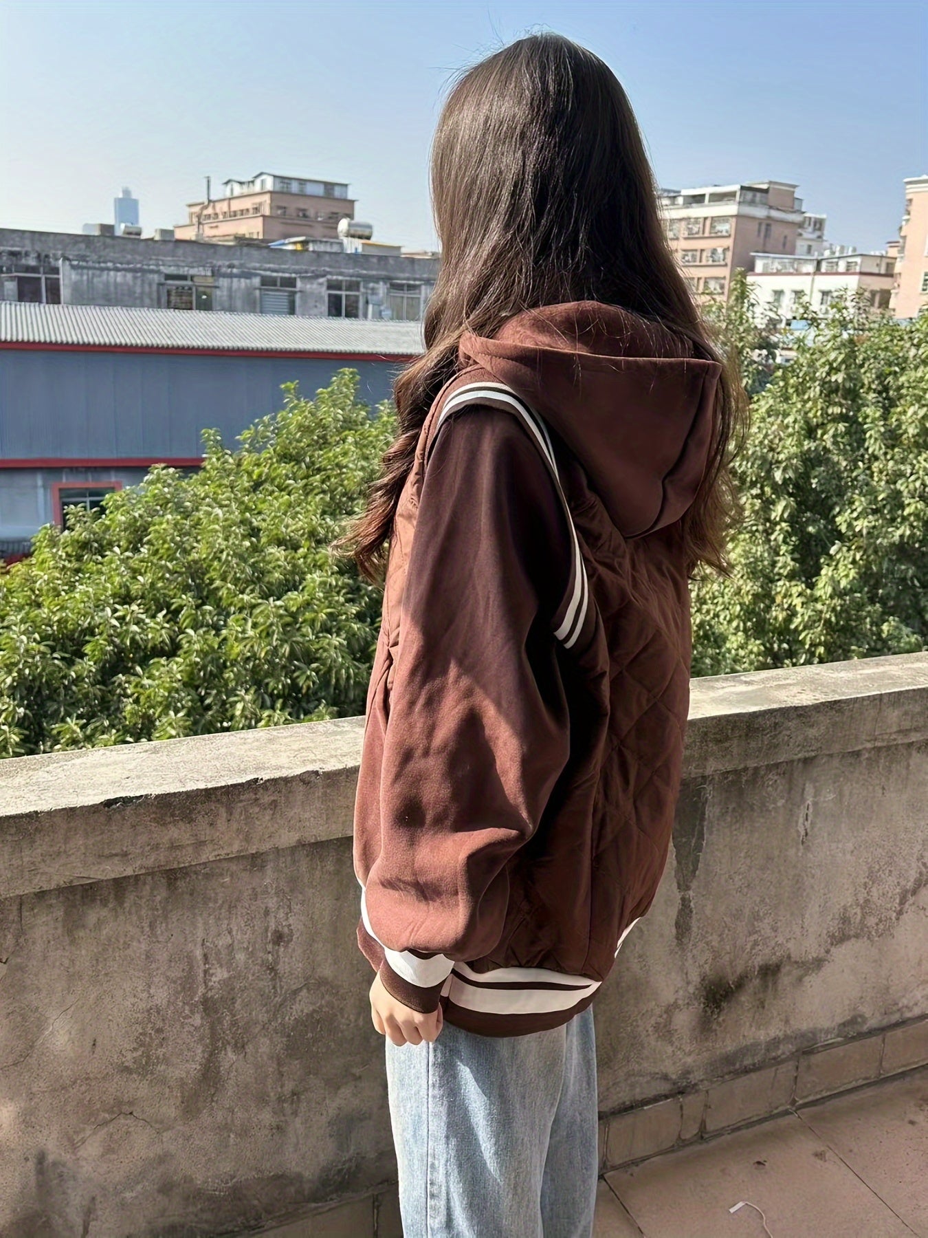 vlovelaw Color Block Cotton-padded Jacket Coat, Casual Long Sleeve Cowl Neck Warm Outwear For Winter, Women's Clothing