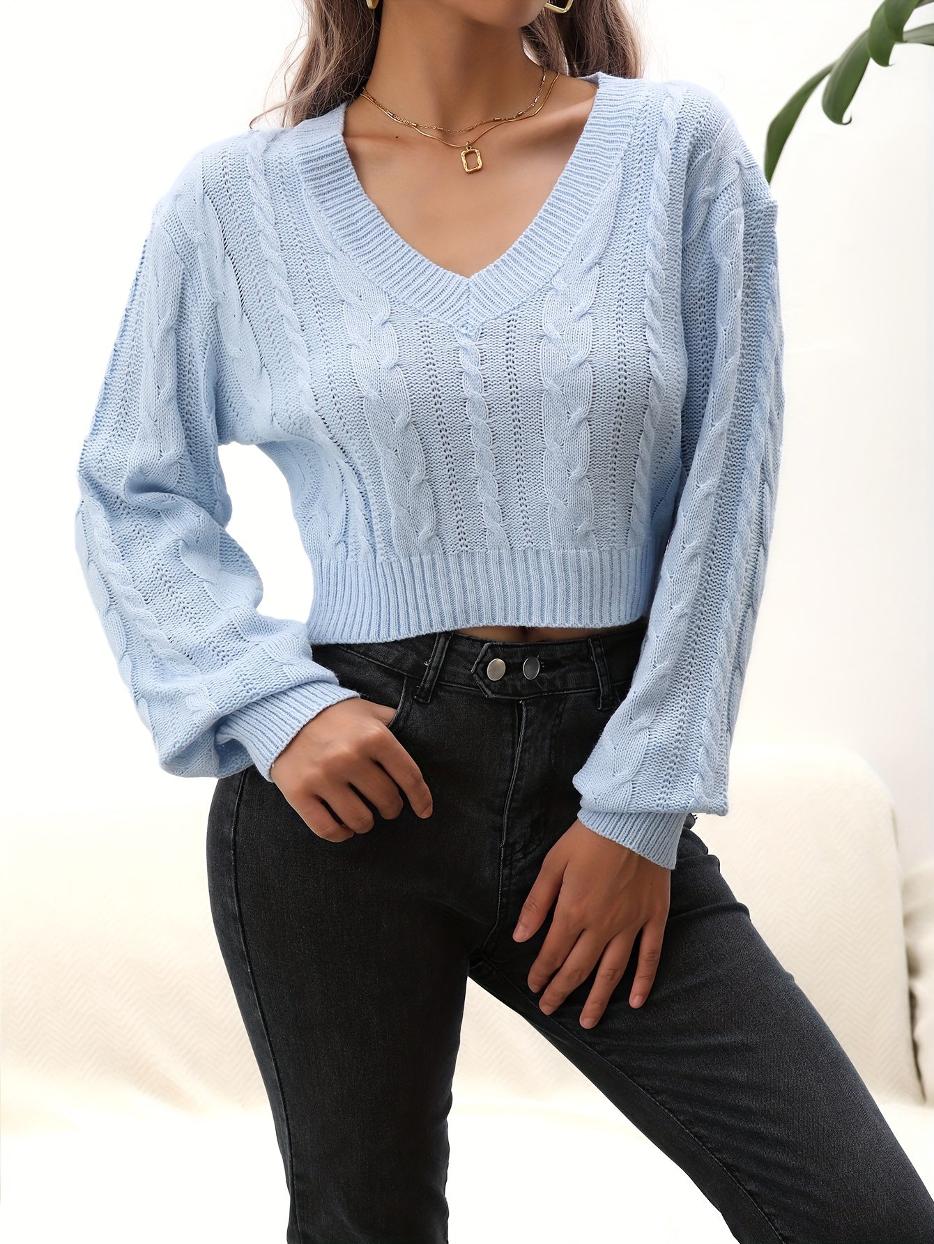 vlovelaw Solid Cable V Neck Sweater, Casual Long Sleeve Drop Shoulder Sweater, Women's Clothing