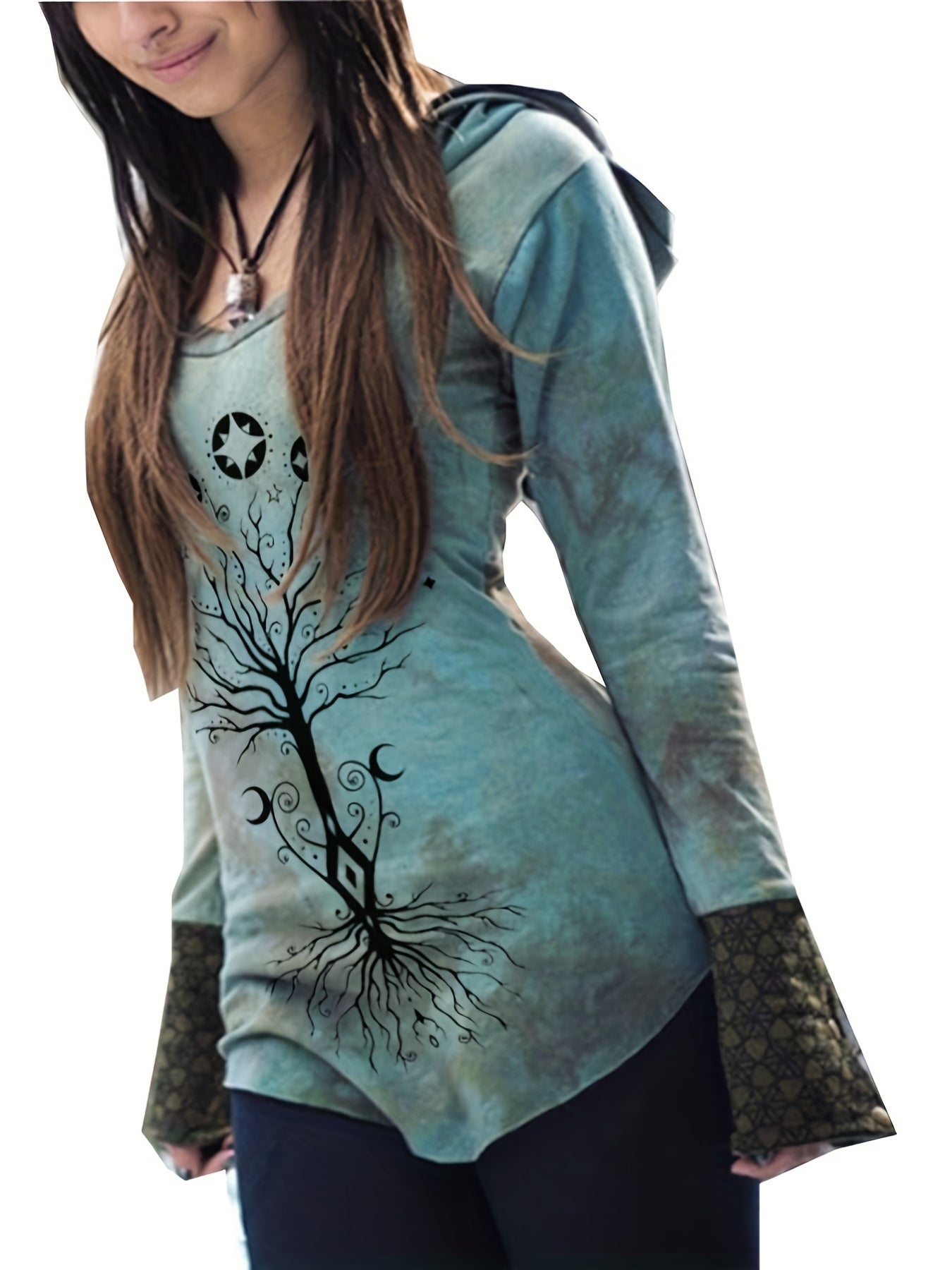 Tree Print Tie Dye Hooded Top, Casual Long Sleeve Top For Spring & Fall, Women's Clothing