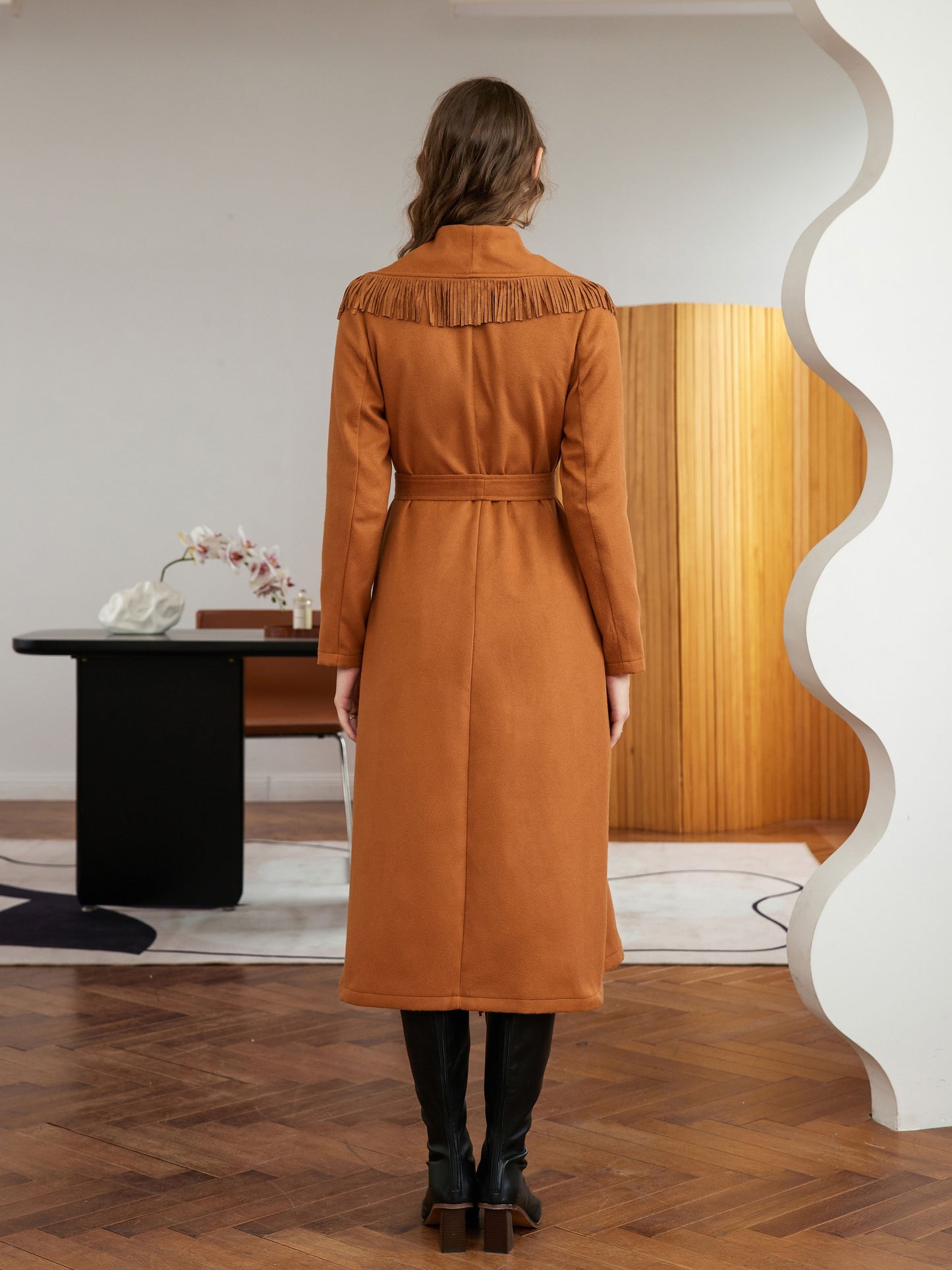 vlovelaw Tassel With Pocket Solid Coat, Casual Belted Long Sleeve Coat For Fall, Women's Clothing