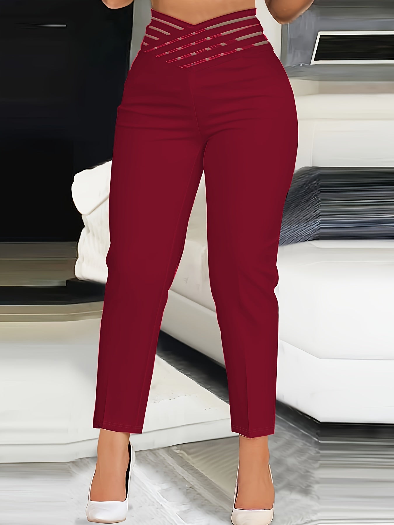 Criss Cross High Waist Pants, Casual Solid Slim Pants, Women's Clothing