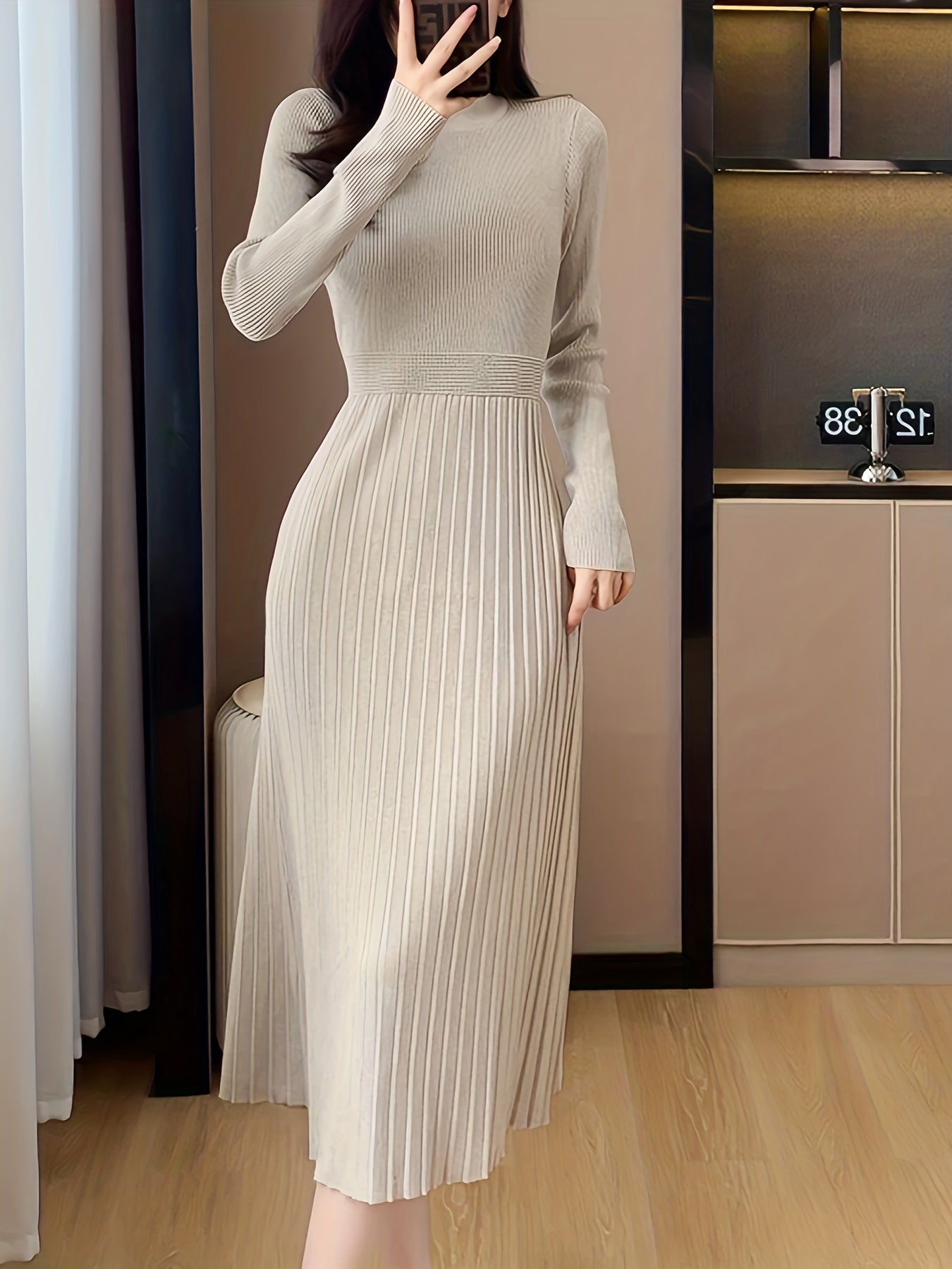 vlovelaw Ribbed Solid Midi Dress, Elegant Long Sleeve Party Dress, Women's Clothing