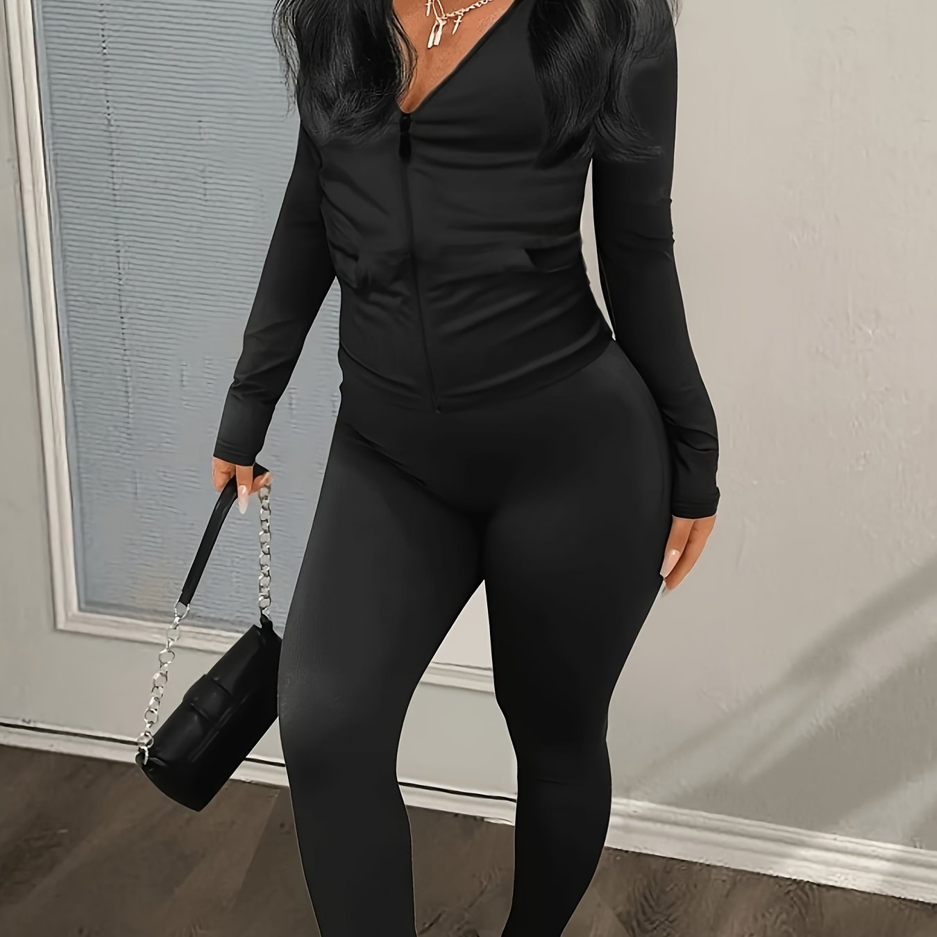 vlovelaw Solid Two-piece Set, Casual Zip Up Slim Hoodie & Skinny Pants Outfits, Women's Clothing