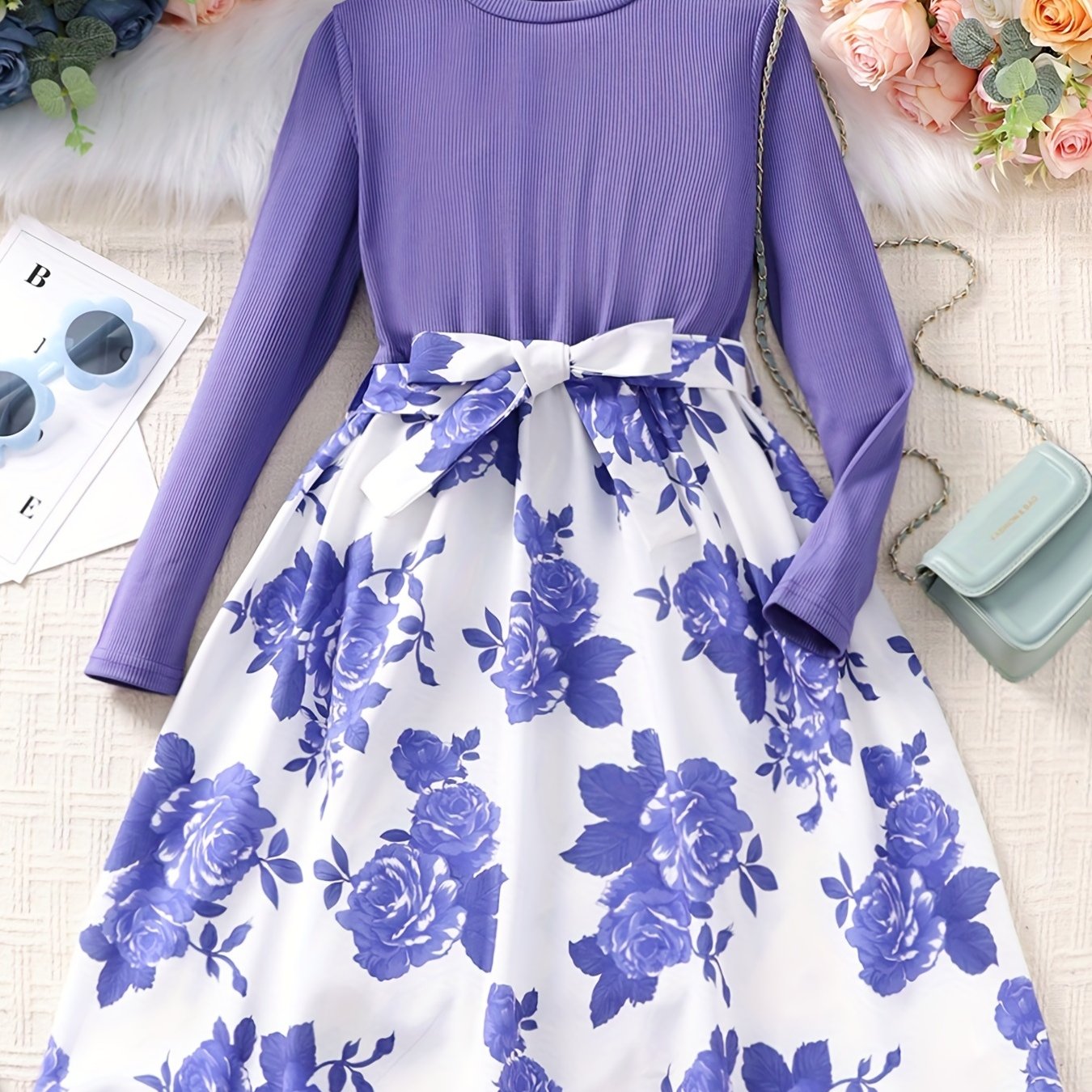 vlovelaw Girls Long Sleeves Round Neck Flowers Splicing Belted Dress For Party Kids Spring Clothes