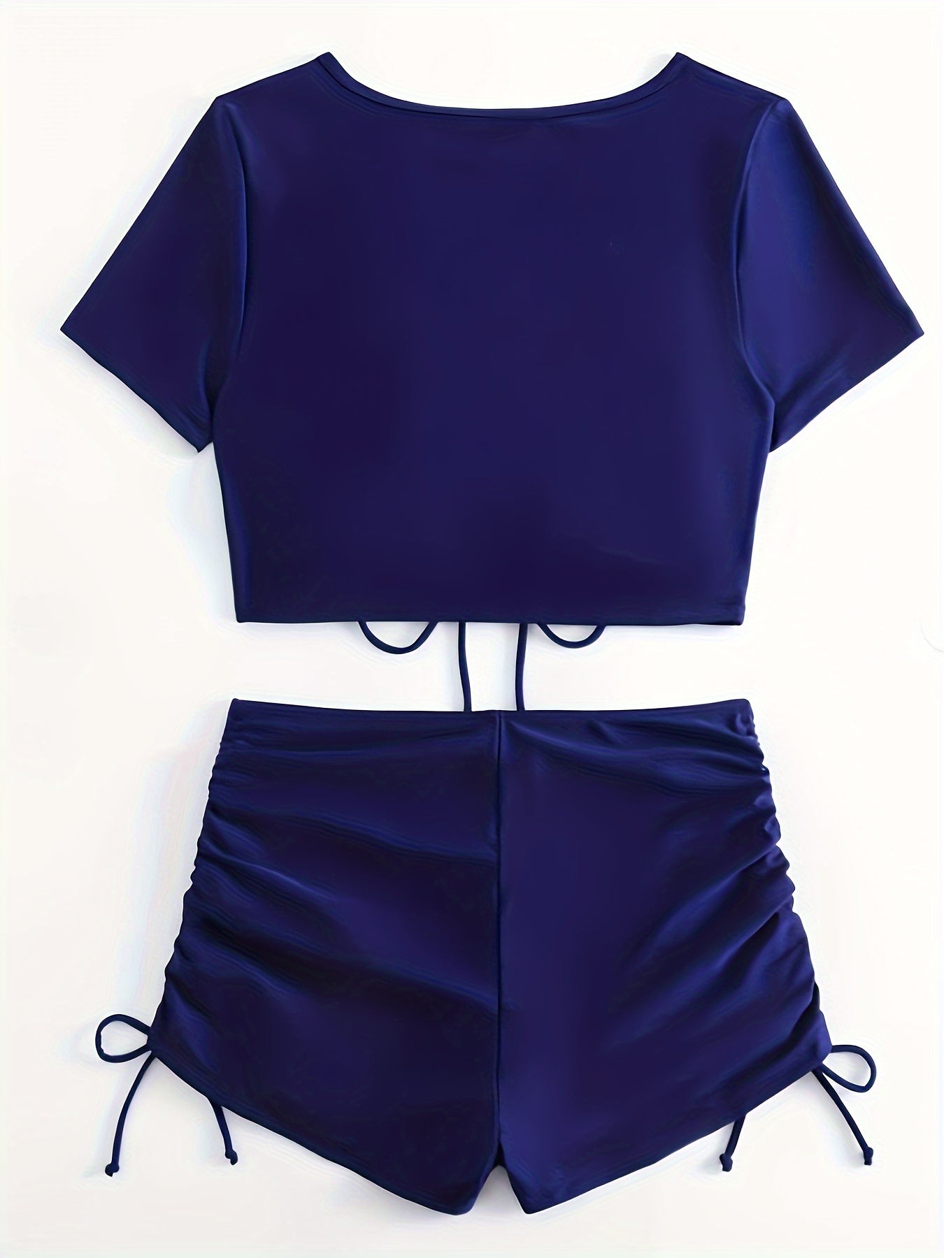 vlovelaw Plain Blue Drawstring 2 Piece Set Bikini, V Neck Short Sleeve High Stretch Swimsuits, Women's Swimwear & Clothing