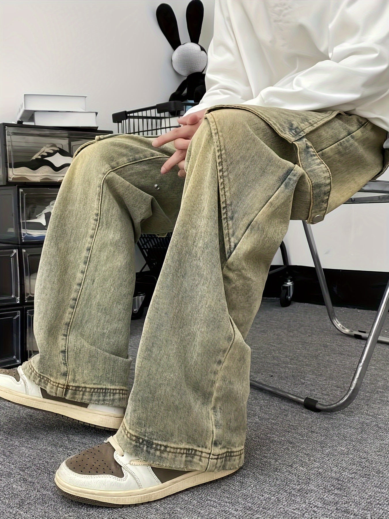vlovelaw Loose Fit Vintage Style Denim Pants, Men's Casual Street Style Wide Leg Jeans