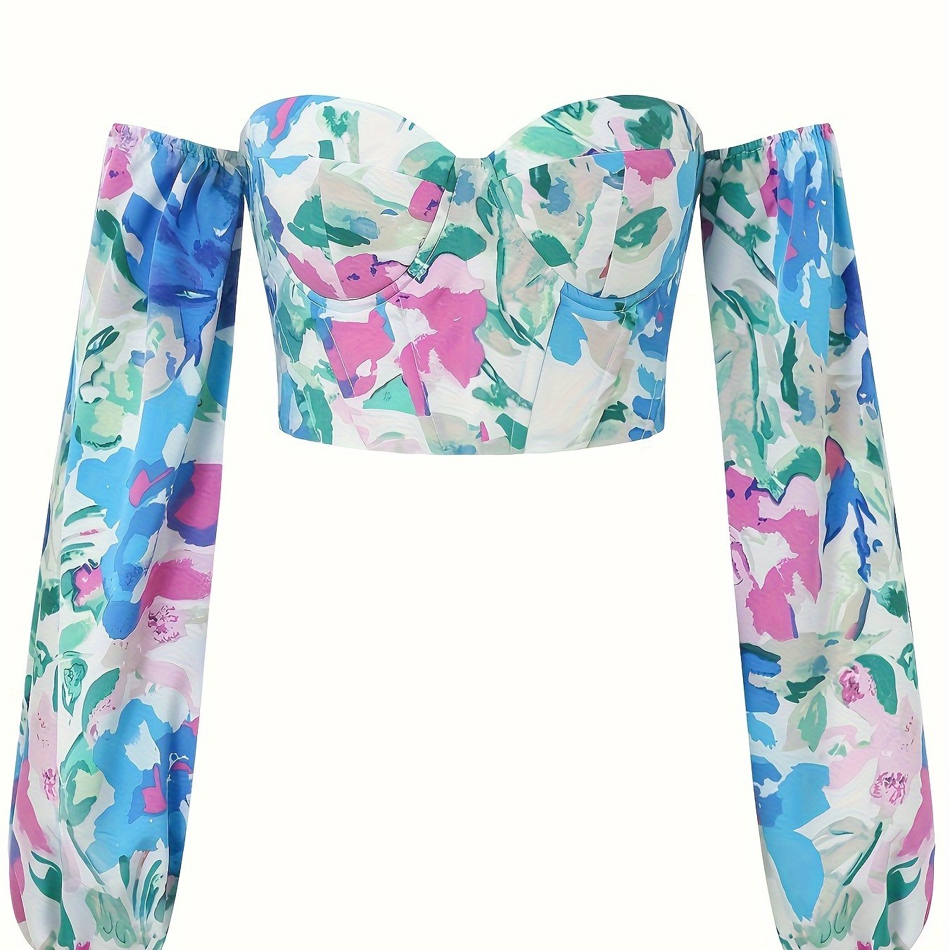 vlovelaw Floral Print Off Shoulder Crop Blouse, Vintage Cross Tie Back Blouse For Spring & Fall, Women's Clothing