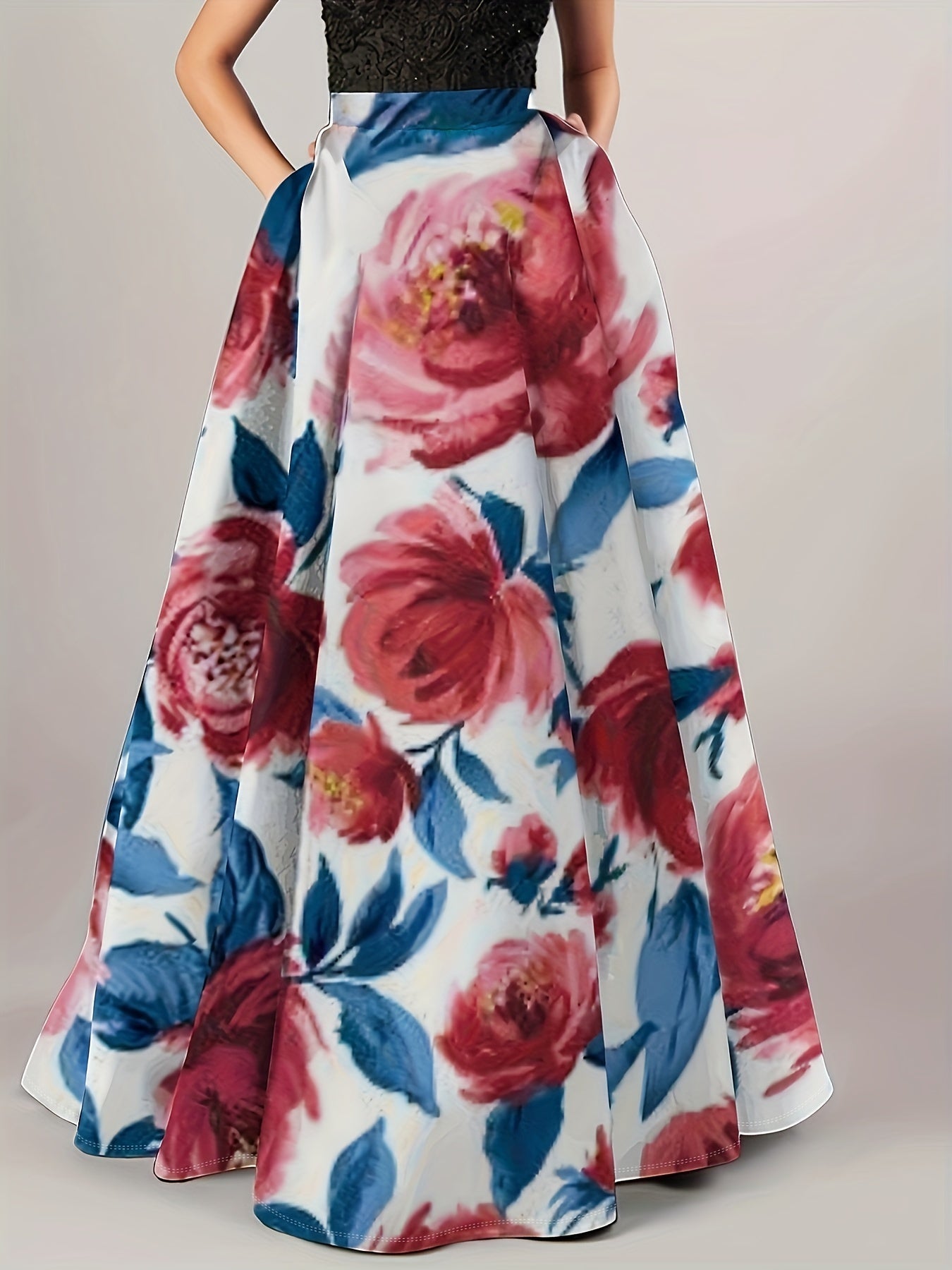 Plus Size Boho Skirt, Women's Plus Floral Print High Rise Medium Stretch Swing Pleated Maxi Skirt