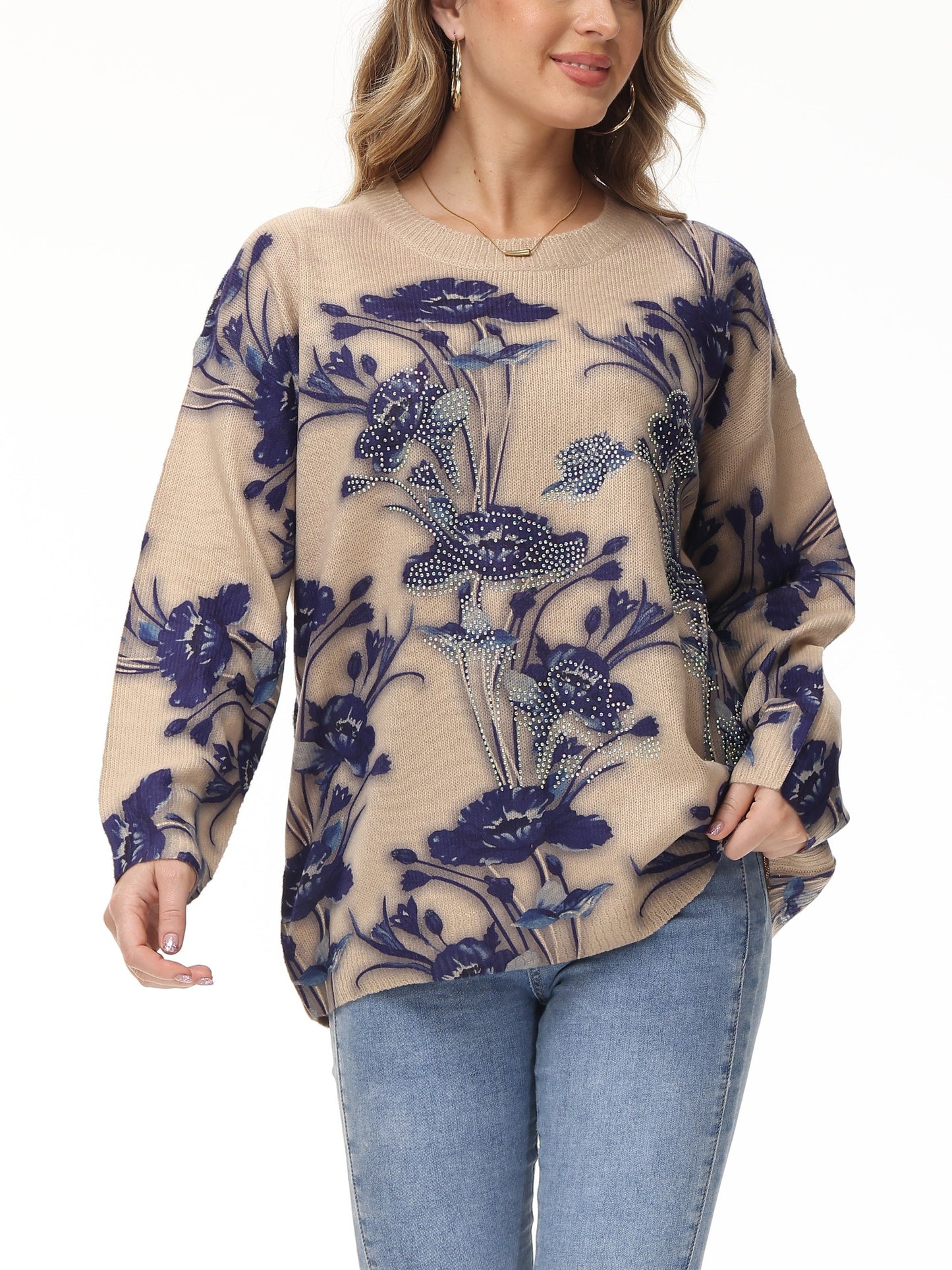 vlovelaw Floral Pattern Beaded Sweater, Casual Vintage Crew Neck Long Sleeve Pullover Sweater For Fall & Winter, Women's Clothing