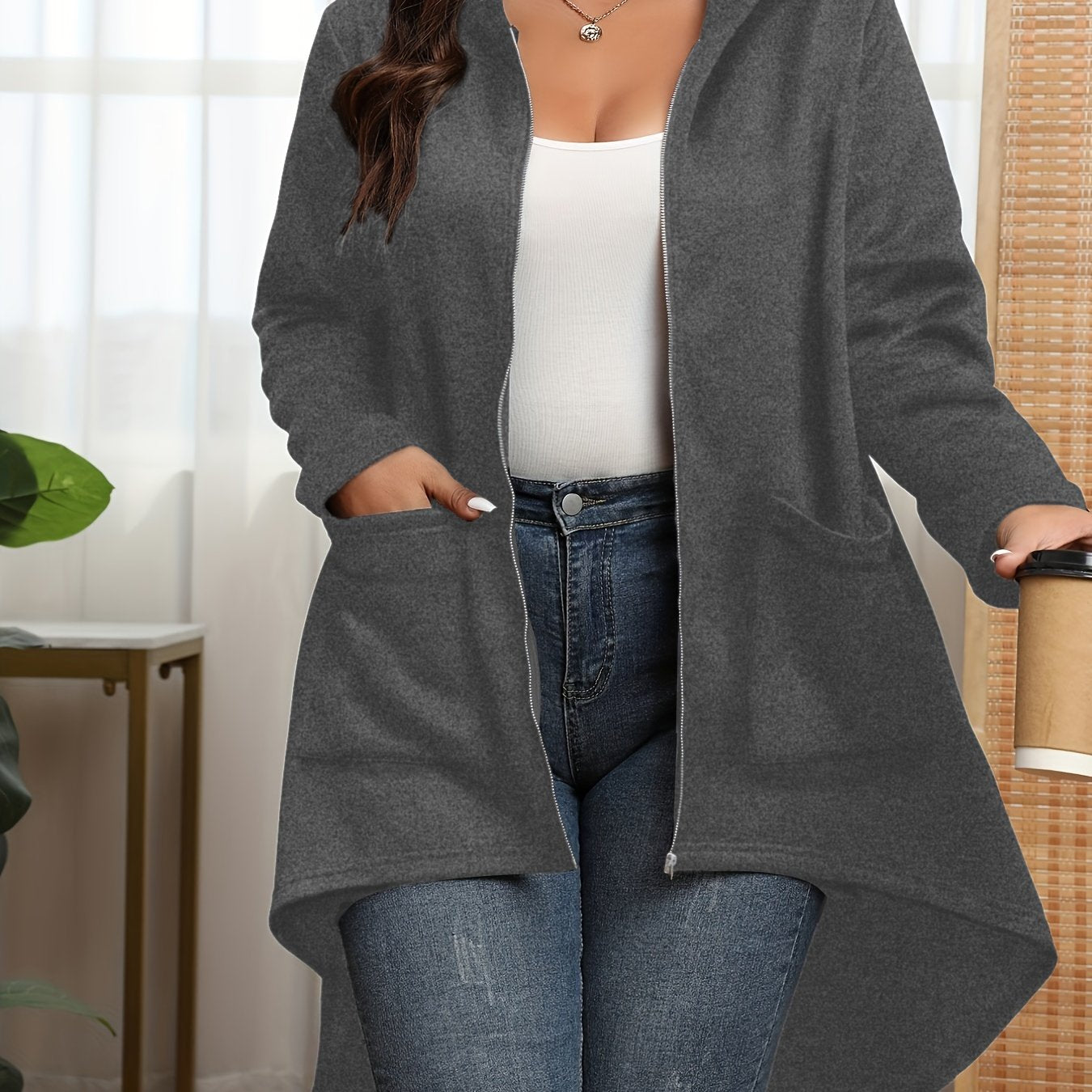 vlovelaw Plus Size Casual Coat, Women's Plus Solid Zip Up Long Sleeve Asymmetrical Hem Hooded Tunic Coat With Pockets