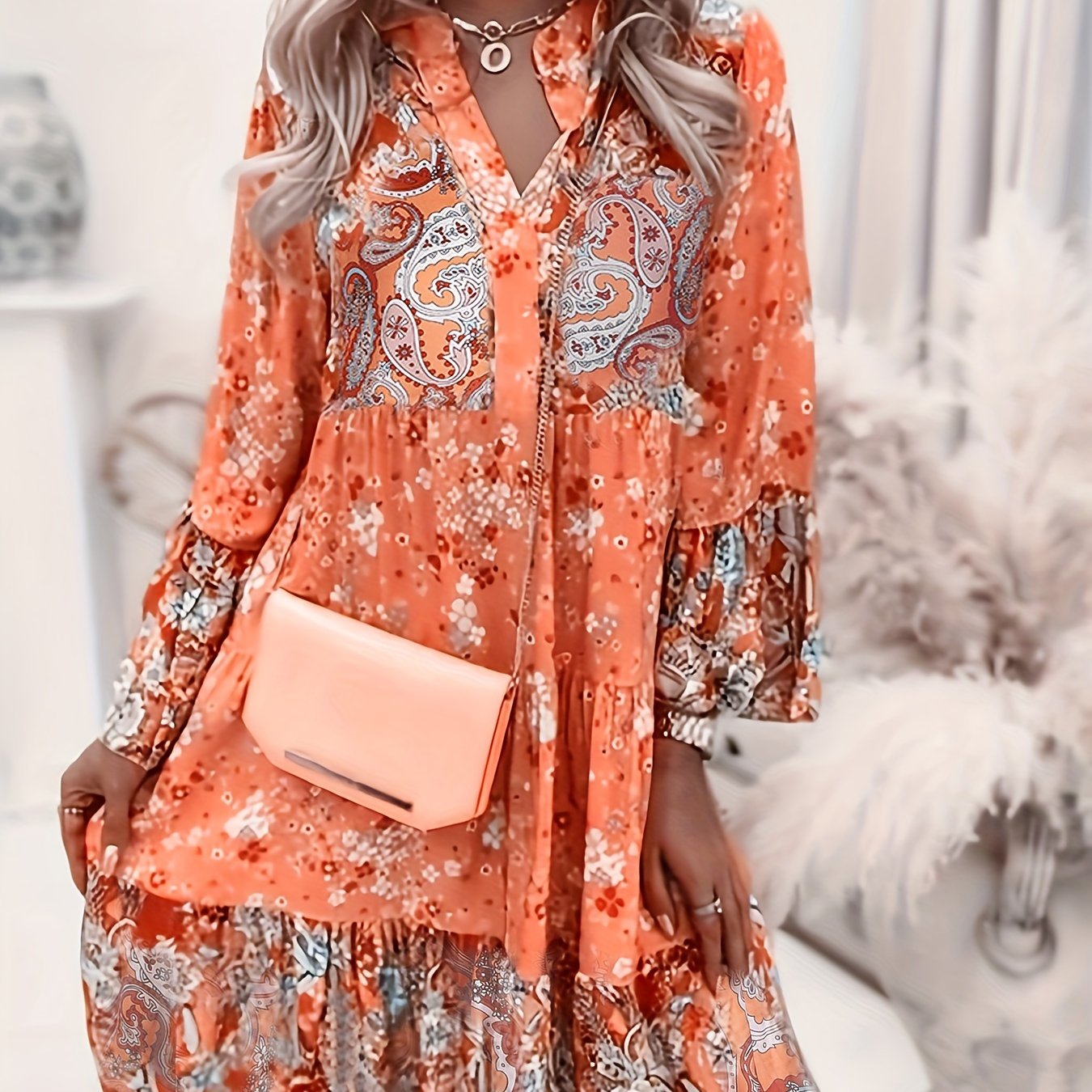 vlovelaw Floral Print Ruffle Hem Dress, Boho Holiday Long Sleeve V-neck Dress, Women's Clothing