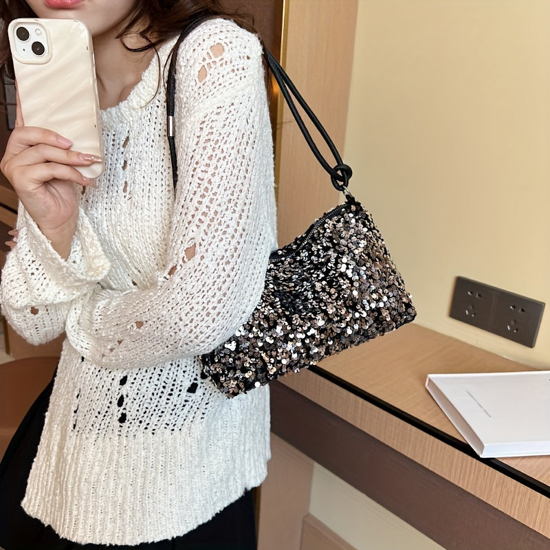 vlovelaw 1pc Girl's Fashion Texture Bag, New Style Sequin Shoulder Shining Handbag
