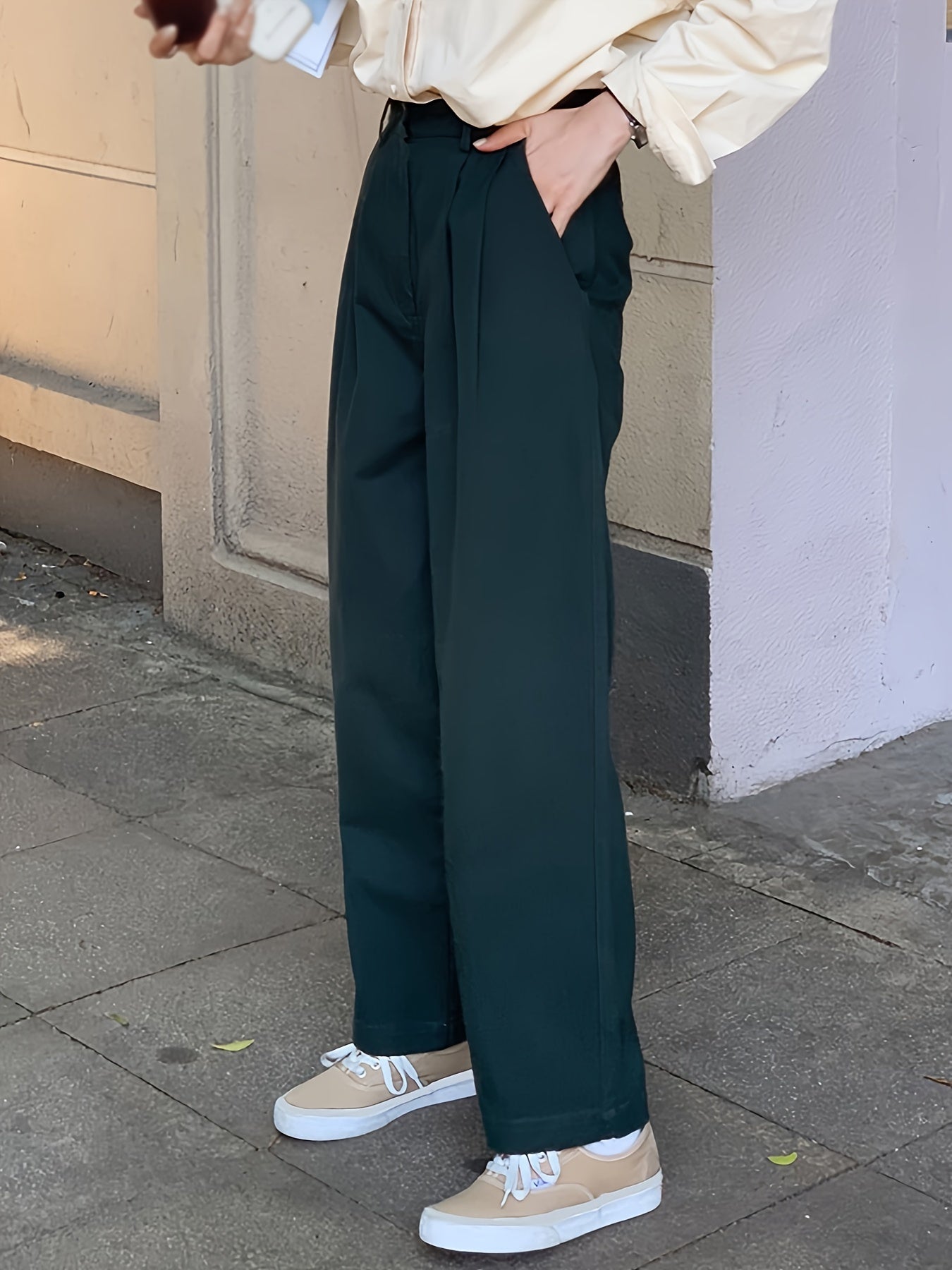 vlovelaw Button Front Straight Leg Pants, Versatile Solid Pants For Fall & Winter, Women's Clothing