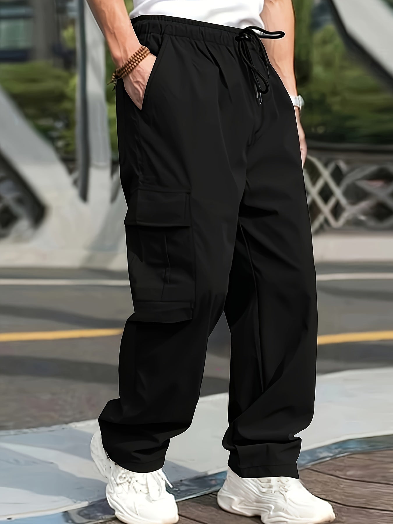 vlovelaw Trendy Solid Cargo Pants, Men's Multi Flap Pocket Trousers, Loose Casual Outdoor Pants, Men's Work Pants Outdoors Streetwear Hip Hop Style