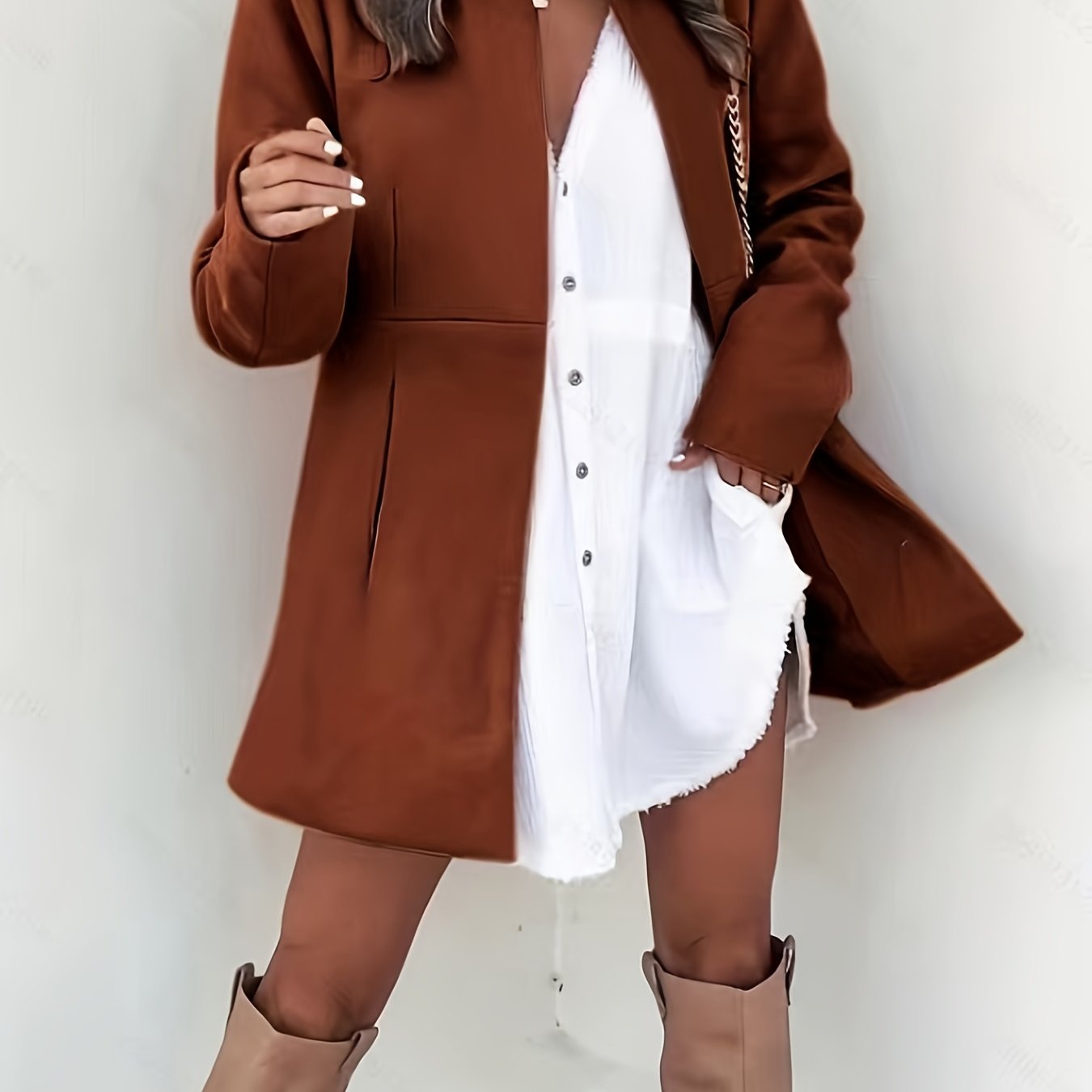 vlovelaw Solid Stand Collar Blazer, Elegant Open Front Long Sleeve Outerwear With Pocket, Women's Clothing