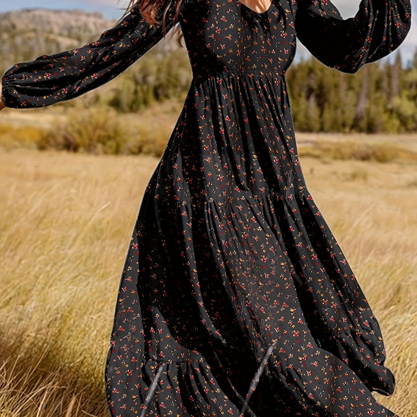 vlovelaw Tiered Floral Print Dress, Boho Lantern Sleeve V Neck Maxi Dress, Women's Clothing