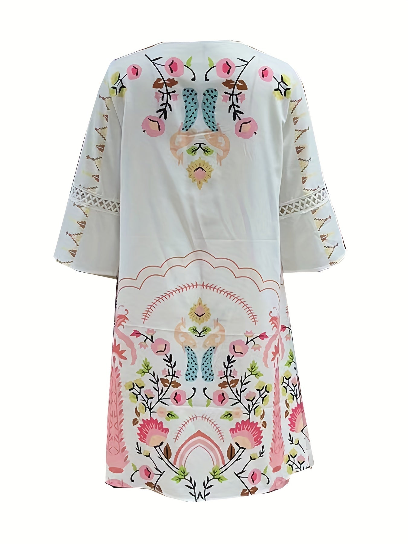 vlovelaw Floral Print Lace Trim Dress, Vacation 3/4 Sleeve Summer V Neck Midi Dress, Women's Clothing