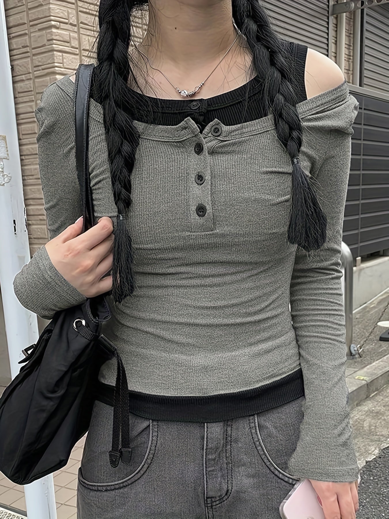 vlovelaw vlovelaw Solid Casual Two-piece Set, Crew Neck Long Sleeve Tops & Sleeveless Button Front Tank Top Outfits, Women's Clothing