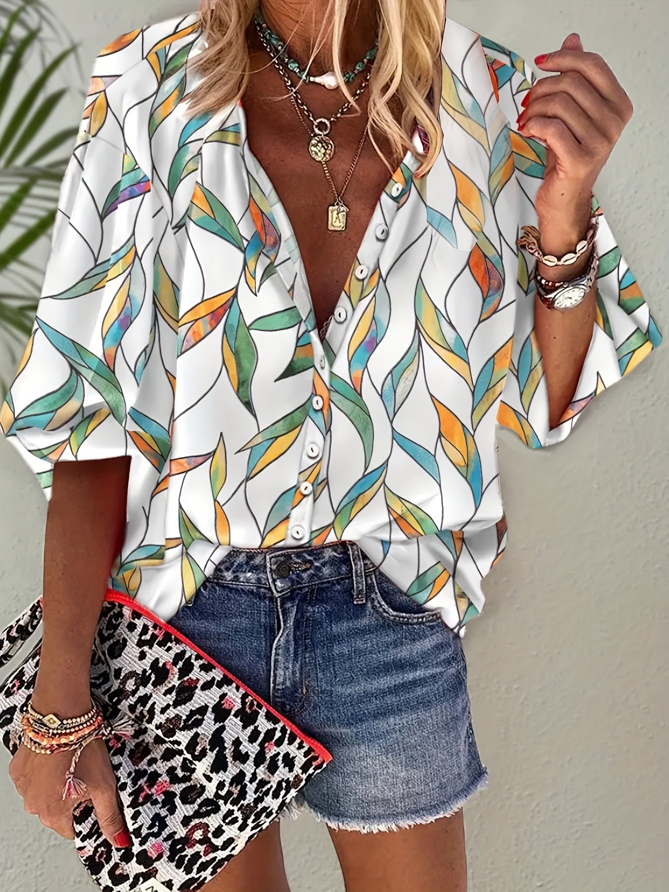 Plus Size Casual T-shirt, Women's Plus Tie Dye Three Quarter Sleeve Button Up Blouse