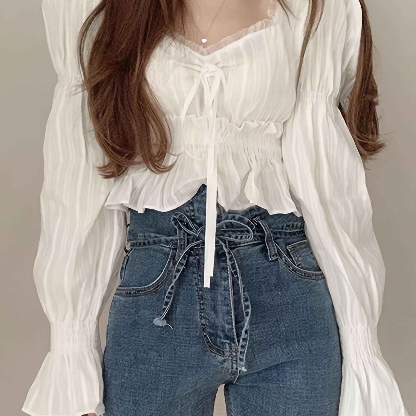 vlovelaw Ruffle Trim Queen Anne Neck Blouse, Chic Puff Sleeve Cinched Waist Crop Blouse For Spring & Fall, Women's Clothing