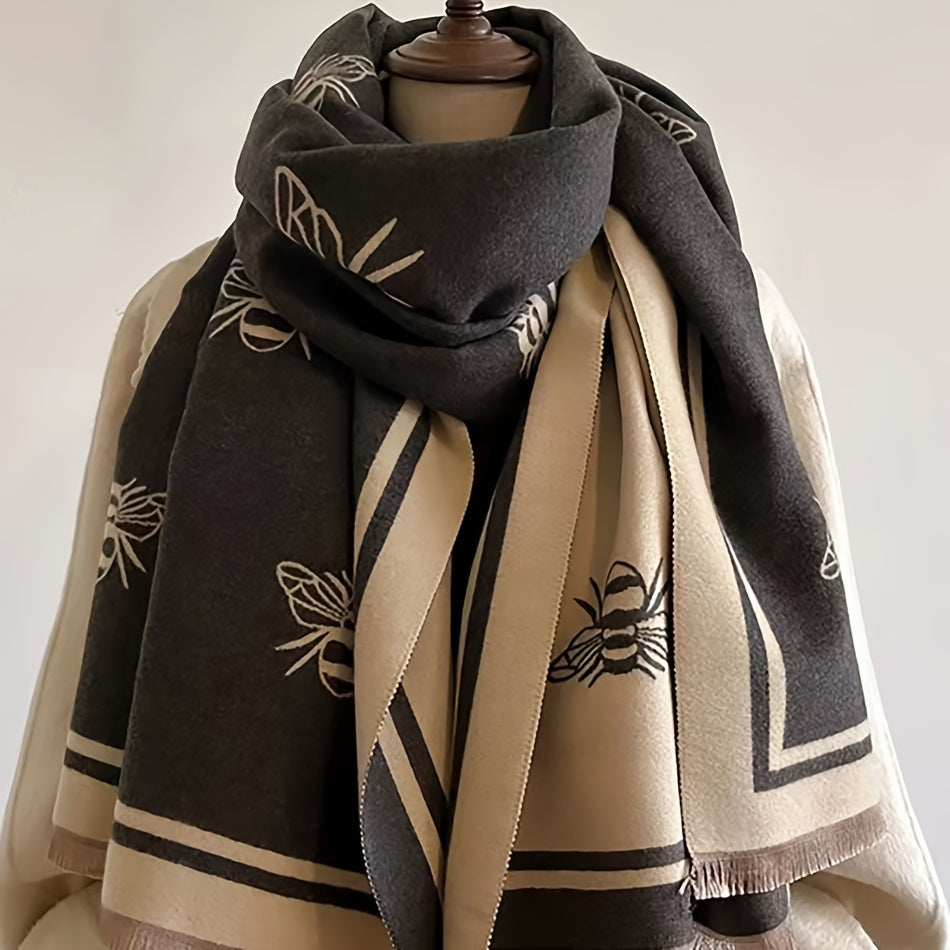 Bee Jacquard Scarf - Timeless Elegant Style, Ultra-Soft, Warm and Cozy, Fashionable Fringe, Windproof and Coldproof - Perfect for Autumn and Winter, Versatile Shawl Design, Cozy Blanket Scarf