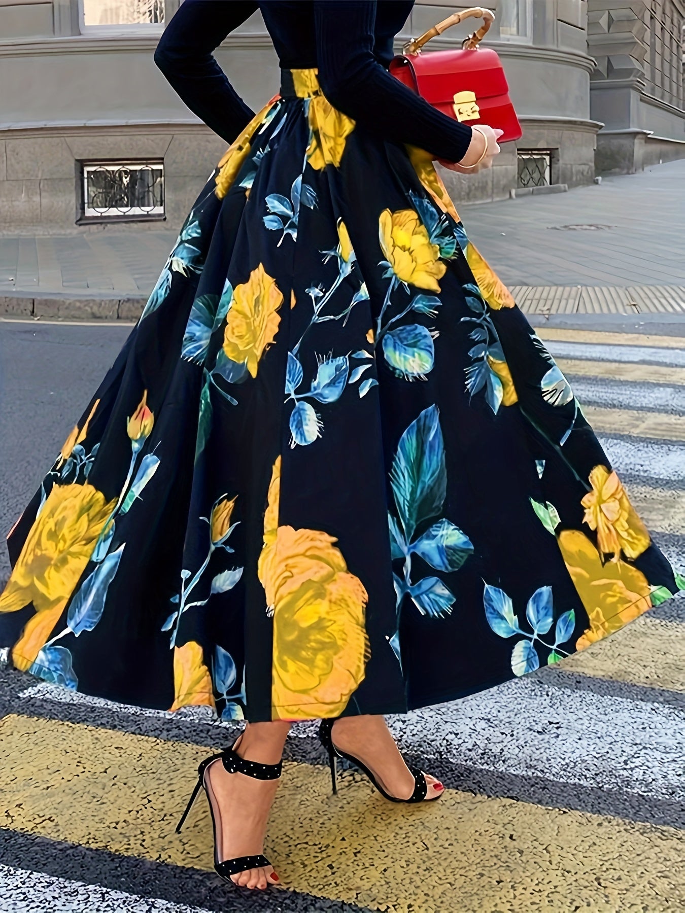Plus Size Elegant Skirt, Women's Plus Floral Print Elastic High Rise Slight Stretch A-line Maxi Skirt