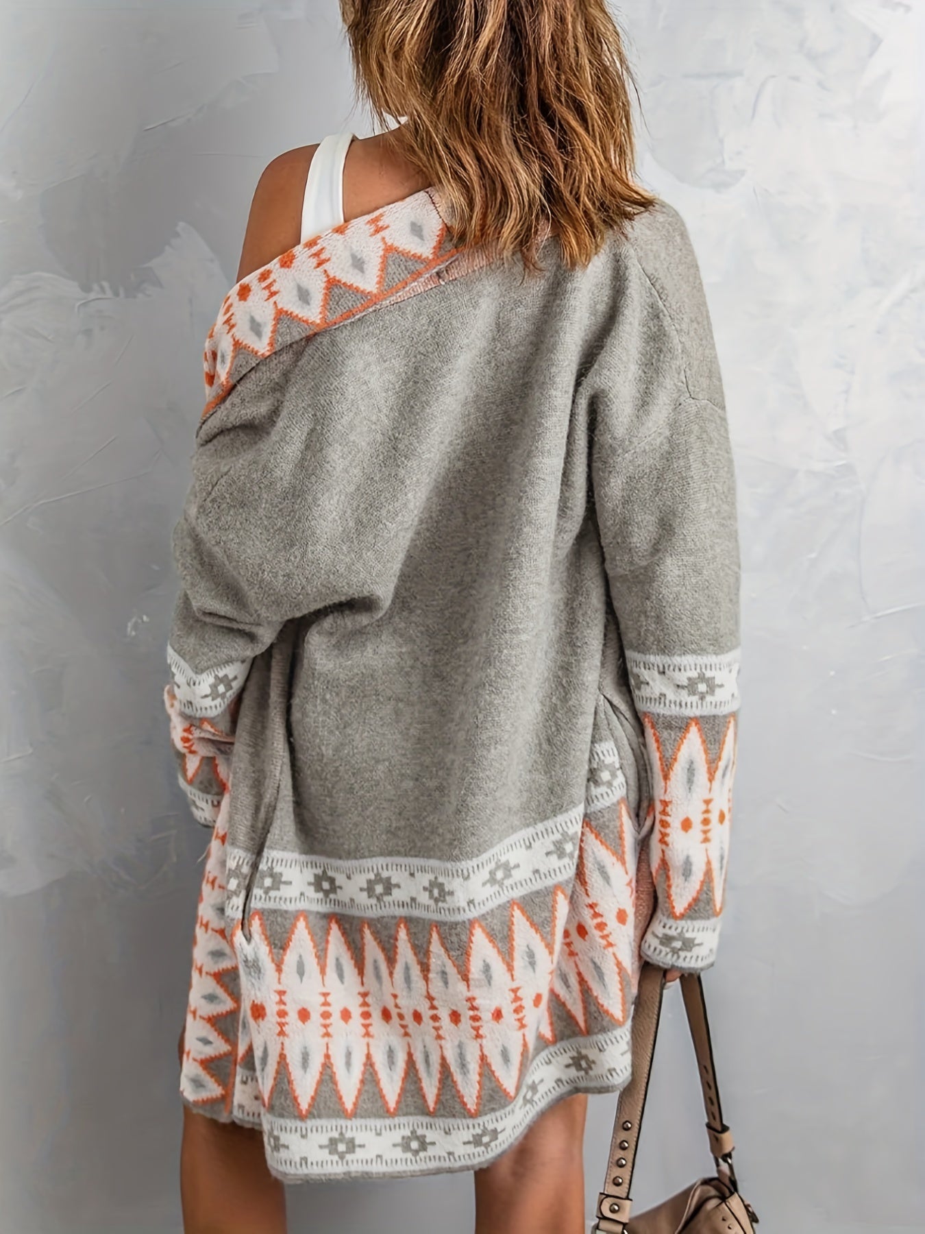 Aztec Print Knit Cardigan, Vintage Open Front Long Sleeve Sweater, Women's Clothing
