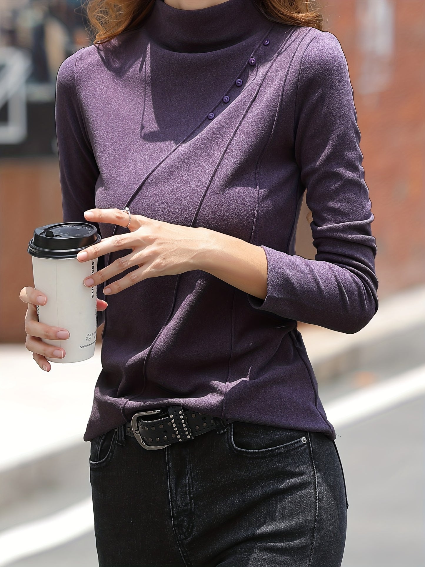 vlovelaw Button Decor Mock Neck T-Shirt, Versatile Solid Long Sleeve T-Shirt For Spring & Fall, Women's Clothing