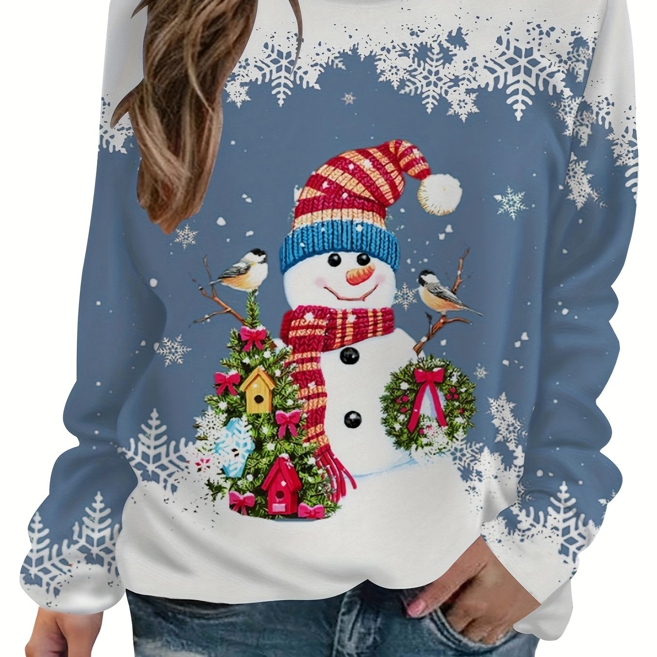 vlovelaw Christmas Snowman Printed Warm Sports Sweatshirts, Long-sleeved Round Neck Casual Sports Pullover Tops For Winter And Autumn, Women's Sporty Sweatshirts