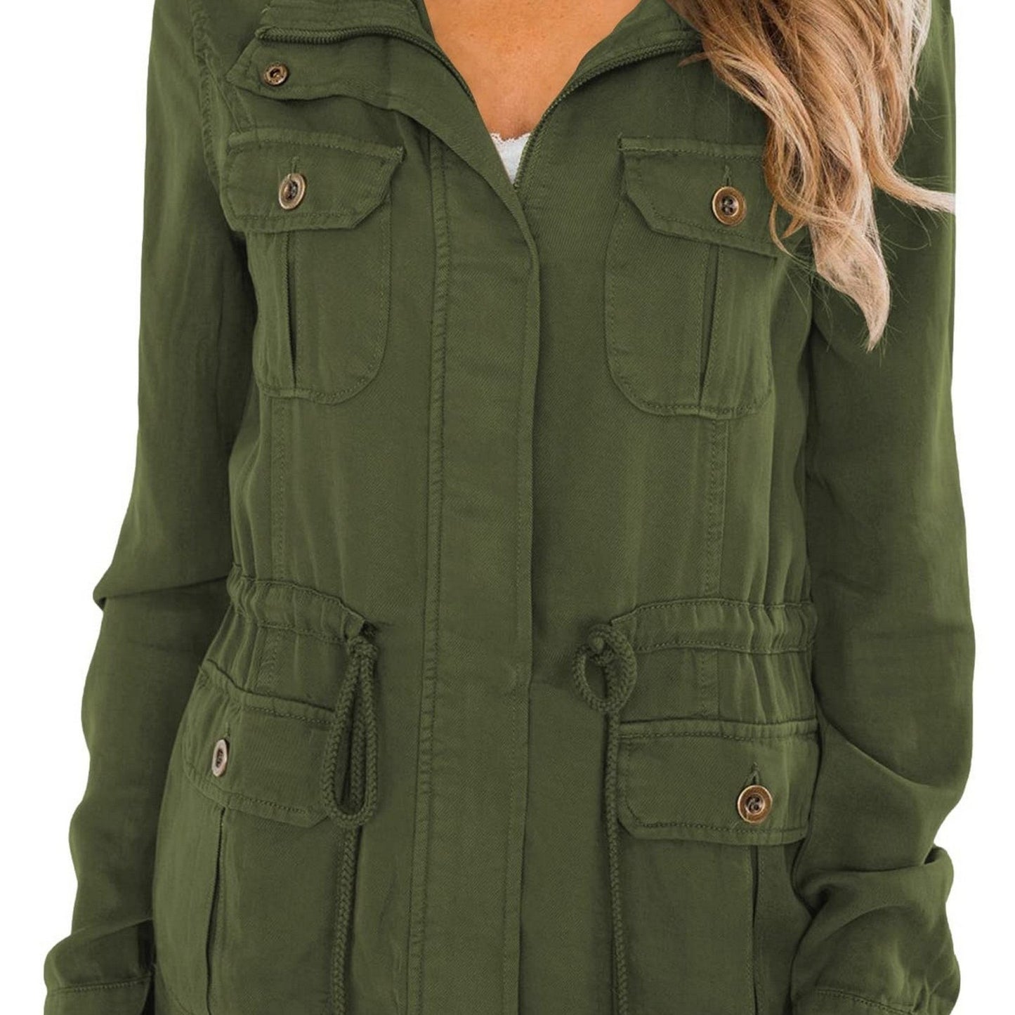 Casual Pockets Fashion Jacket, Lapel Long Sleeve Loose Waist Drawstring Outerwear, Women's Clothing