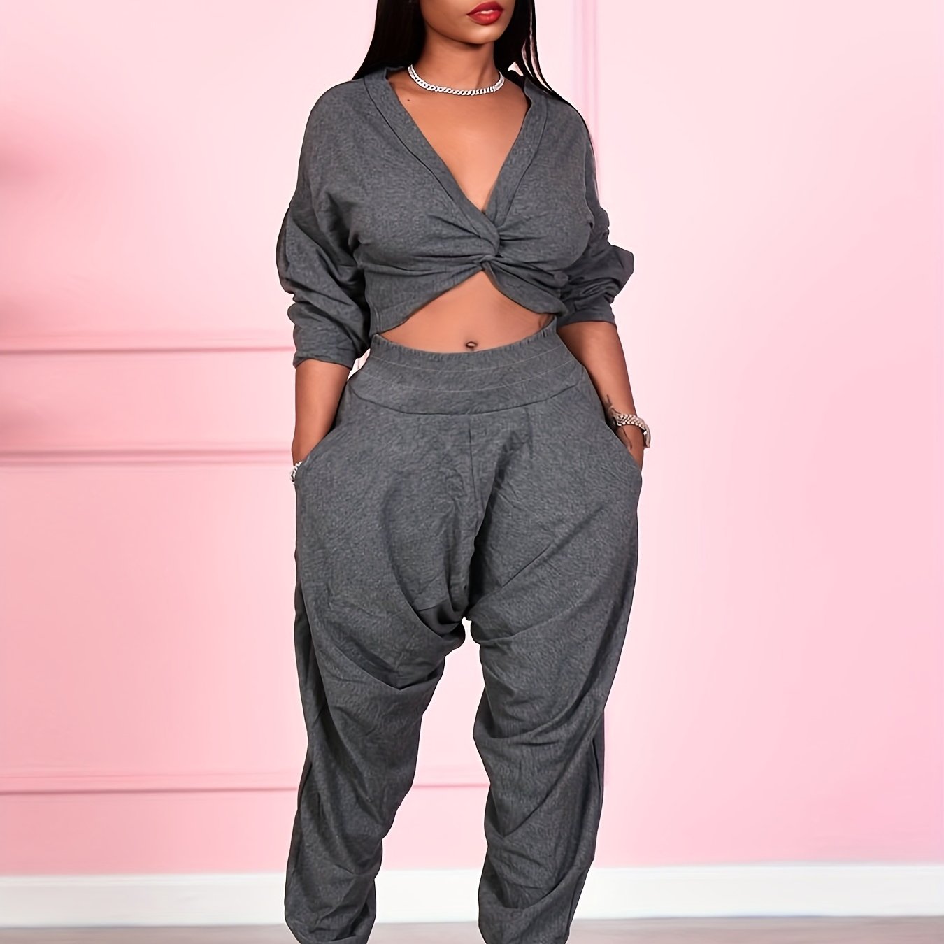 Solid Two Piece Set, V-neck Off Shoulder Crop Top & High Waist Elastic Pants, Women's Clothing