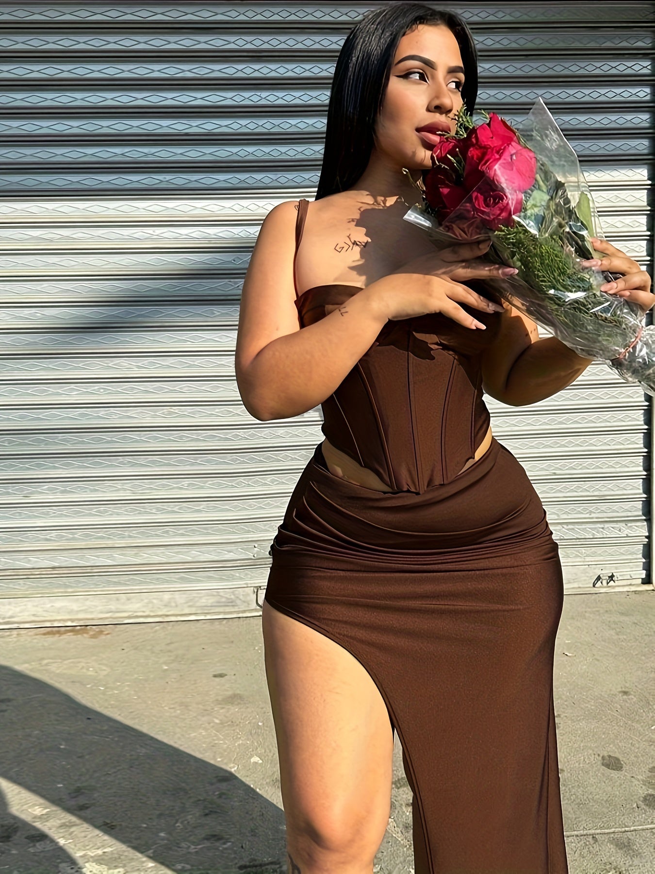 vlovelaw Solid Slim Two-piece Skirt Set, Corset Crop Cami Top & High Split Skirt Outfits, Women's Clothing