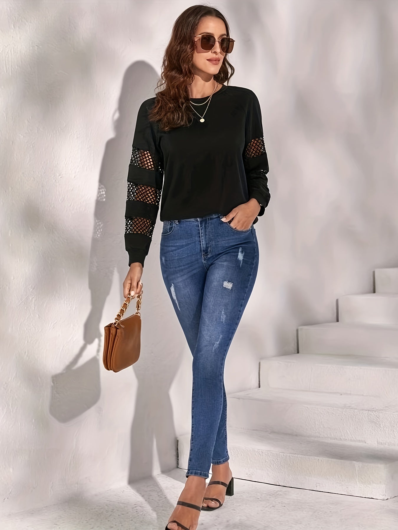 vlovelaw Cutout Crew Neck T-Shirt, Casual Long Sleeve Top For Spring & Fall, Women's Clothing