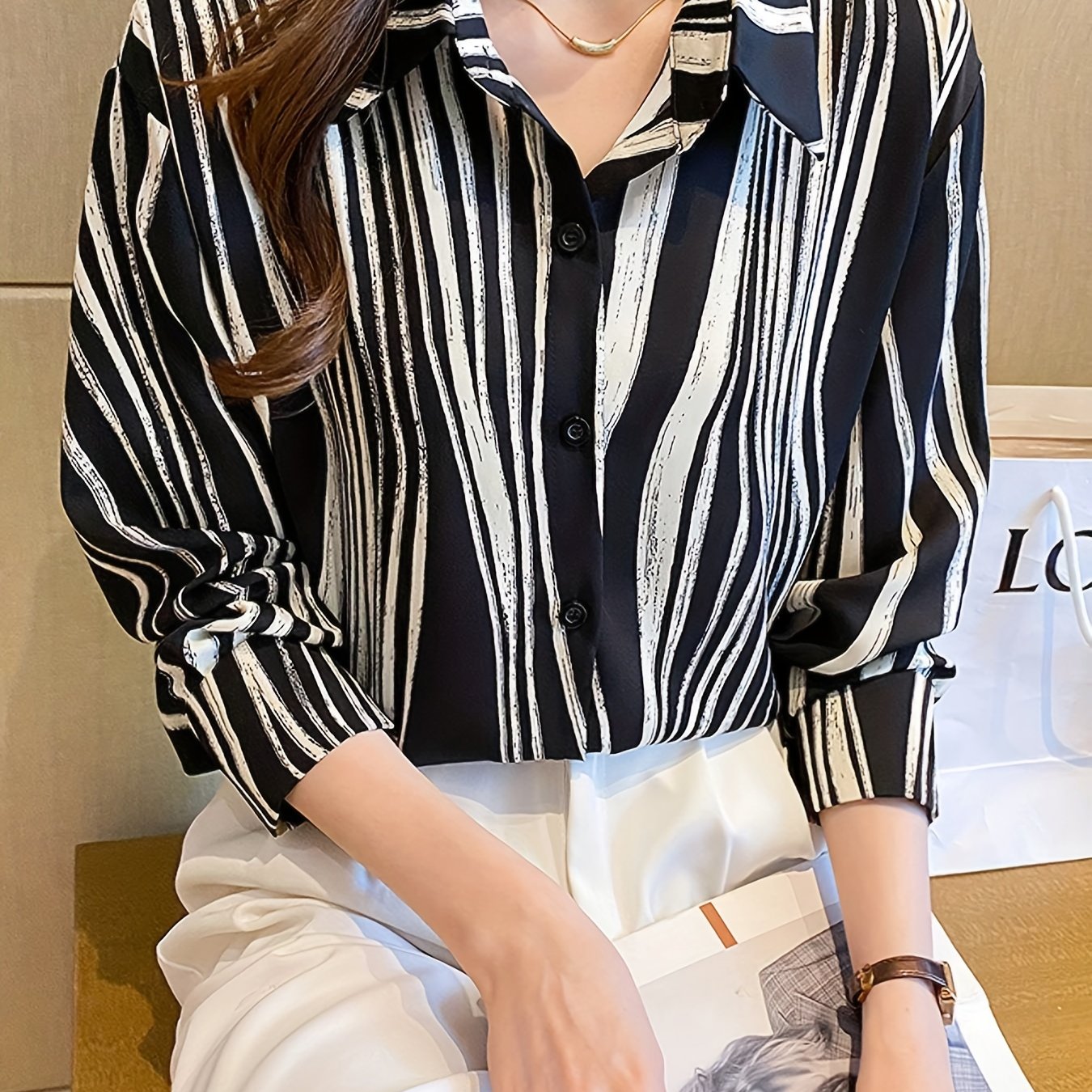 vlovelaw Striped Print Button Front Shirt, Versatile Long Sleeve Shirt For Spring & Fall, Women's Clothing